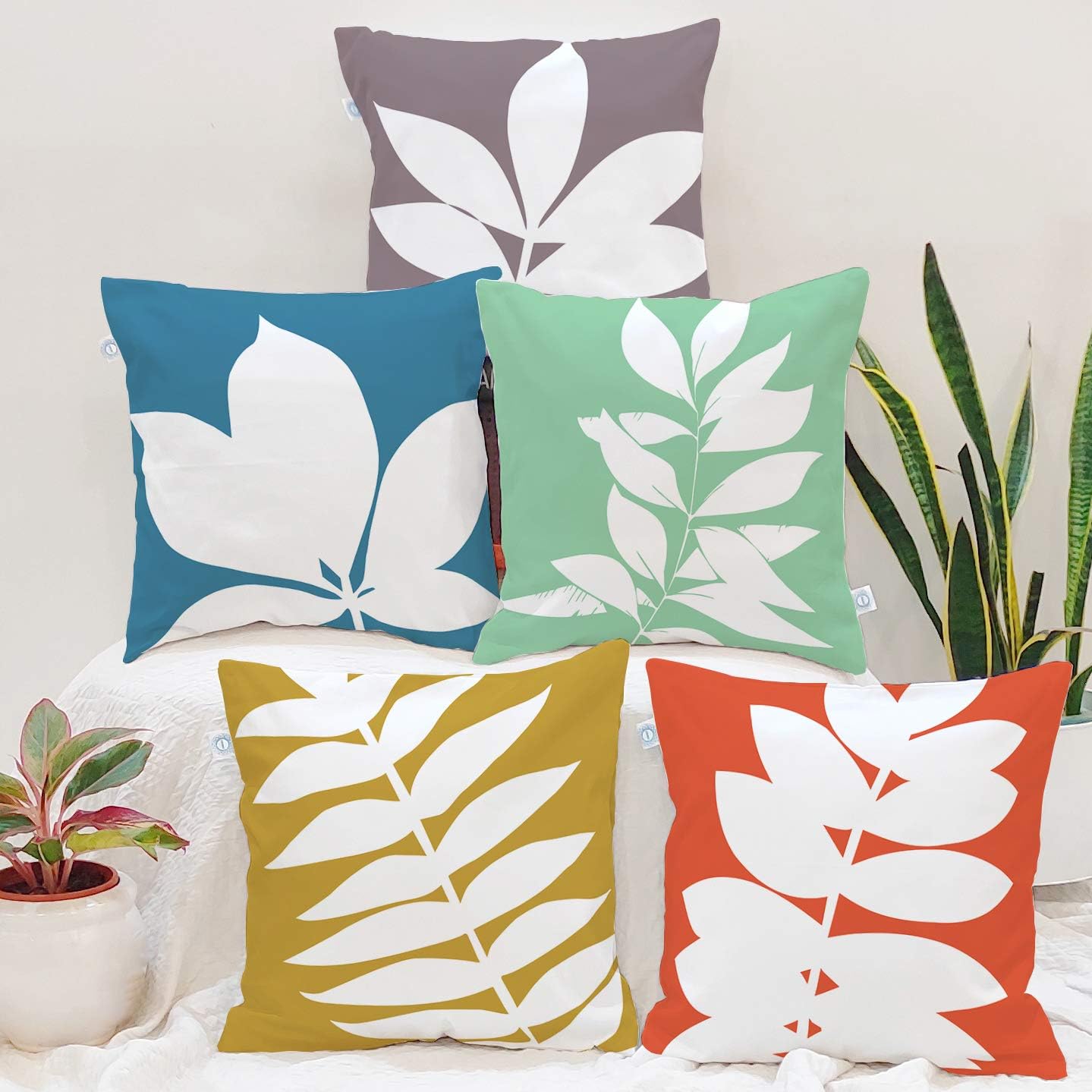 STITCHNEST Leaf Printed Poly Cotton Cushion Covers, Leaf Combo (12x12 Inches, Set of 5)
