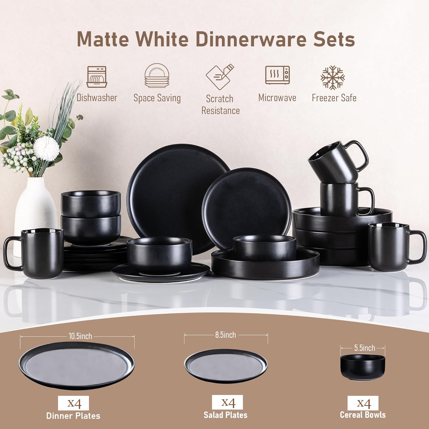 LERATIO Stoneware Dinnerware Sets for 4,Handcarft Ceramic Plates and Bowls Sets,Chip and Scratch Resistant Dishes, Dishwasher & Microwave Safe, Oven safe,Reactive Glaz-Black