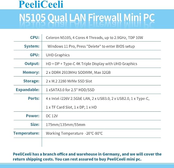 Fanless Mini PC Celeron N5105 Quad Core Micro Firewall Appliance, 4x 2.5GbE i226V LAN, Triple Display, Type-C, TF, OPNsense Router Hardware, Barebone NO RAM NO SSD NO OS