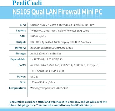 Fanless Mini PC Celeron N5105 Quad Core Micro Firewall Appliance, 4x 2.5GbE i226V LAN, Triple Display, Type-C, TF, OPNsense Router Hardware, Barebone NO RAM NO SSD NO OS