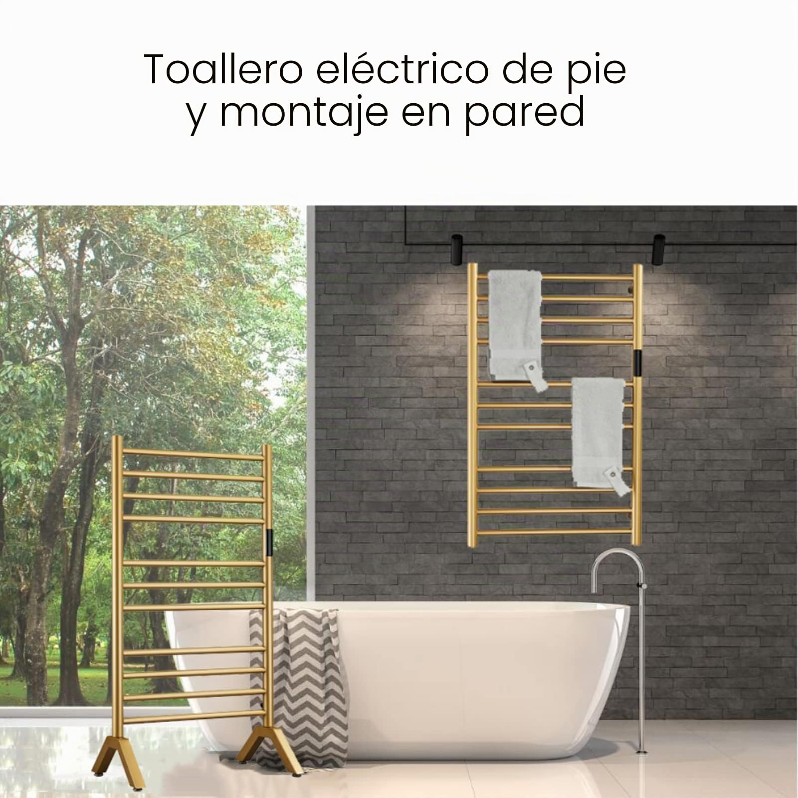 Radiador Toallero Eléctrico Dorado Independiente Y Montado En La Pared Calentador De Toallas para Baño con Temporizador E Indicador LED, 11 Barras Secador De Toallas De Acero Inoxidable 304
