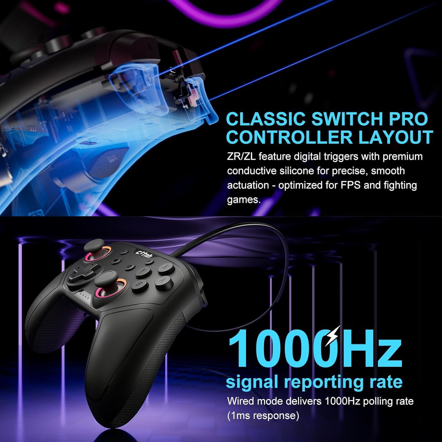 linhugame Wireless Controller For Switch,Compatible with switch 2/switch/lite/OLED/steam/PC, Hall Effect joysticks,6-Axis Gyro,Wake up,Turbo,1000mAh Battery, Programmable Back Buttons(black) - Image 5