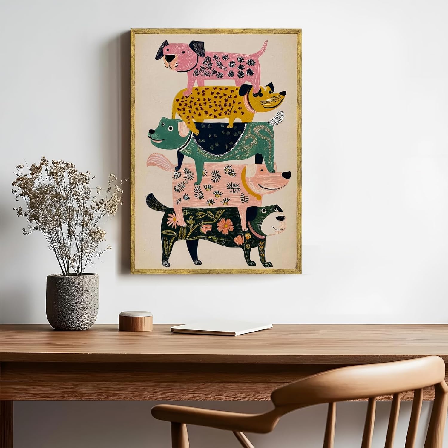 Gold Frame Wall Art Funny Colorful Stacked Dogs Poster Playful Cute Animal Dog Illustration Canvas Print Whimsical Pet Decor Artwork Aesthetic Pictures for Kids Room Bathroom Nursery 12x16inch