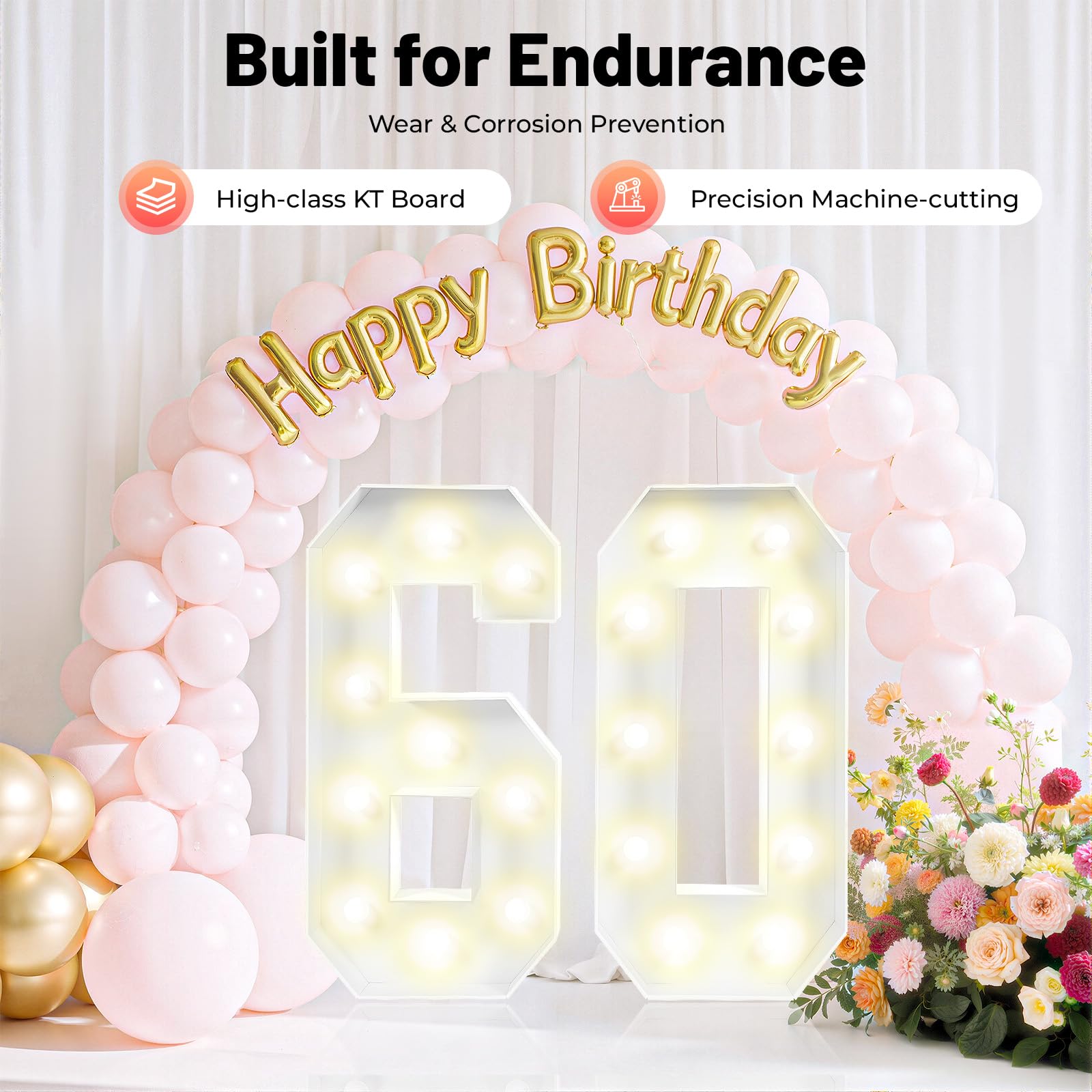Lampada con numeri da 100 cm "60" con 20 luci LED, lettere luminose alimentate a batteria per 60° compleanno, cavo luminoso riutilizzabile in piastra KT, per feste ed eventi, bianco