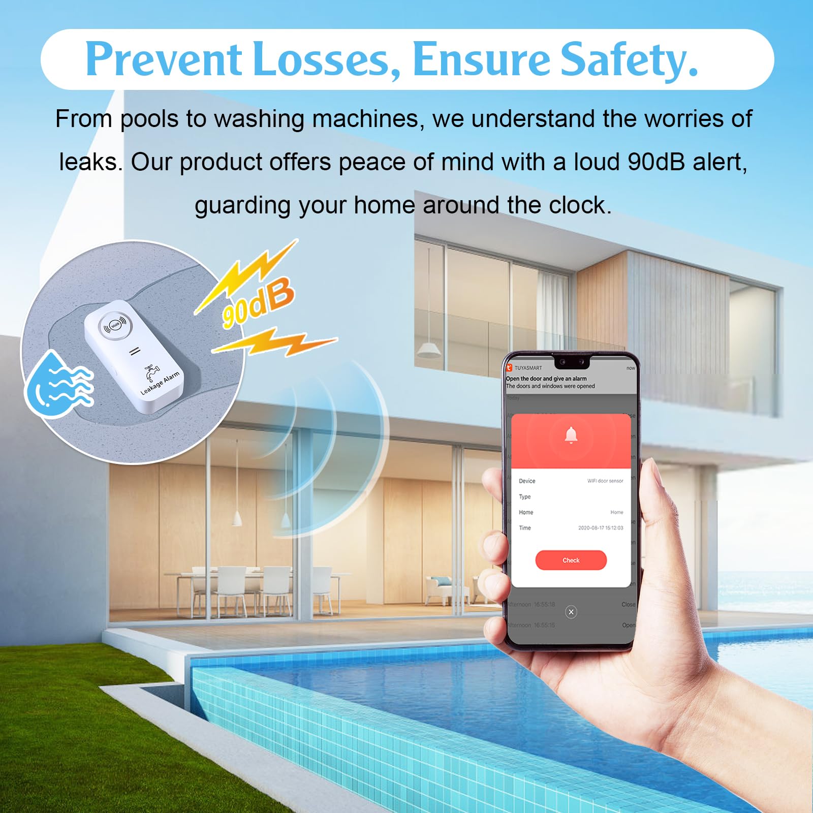 Detector de Fugas de Agua WiFi (WiFi de 2,4 G), 90 dB con Sensor de Agua y Alarma por aplicación, Alarma de Agua inalámbrica, para tuberías, dormitorios, cocinas, baños, sótanos (6 Unidades)