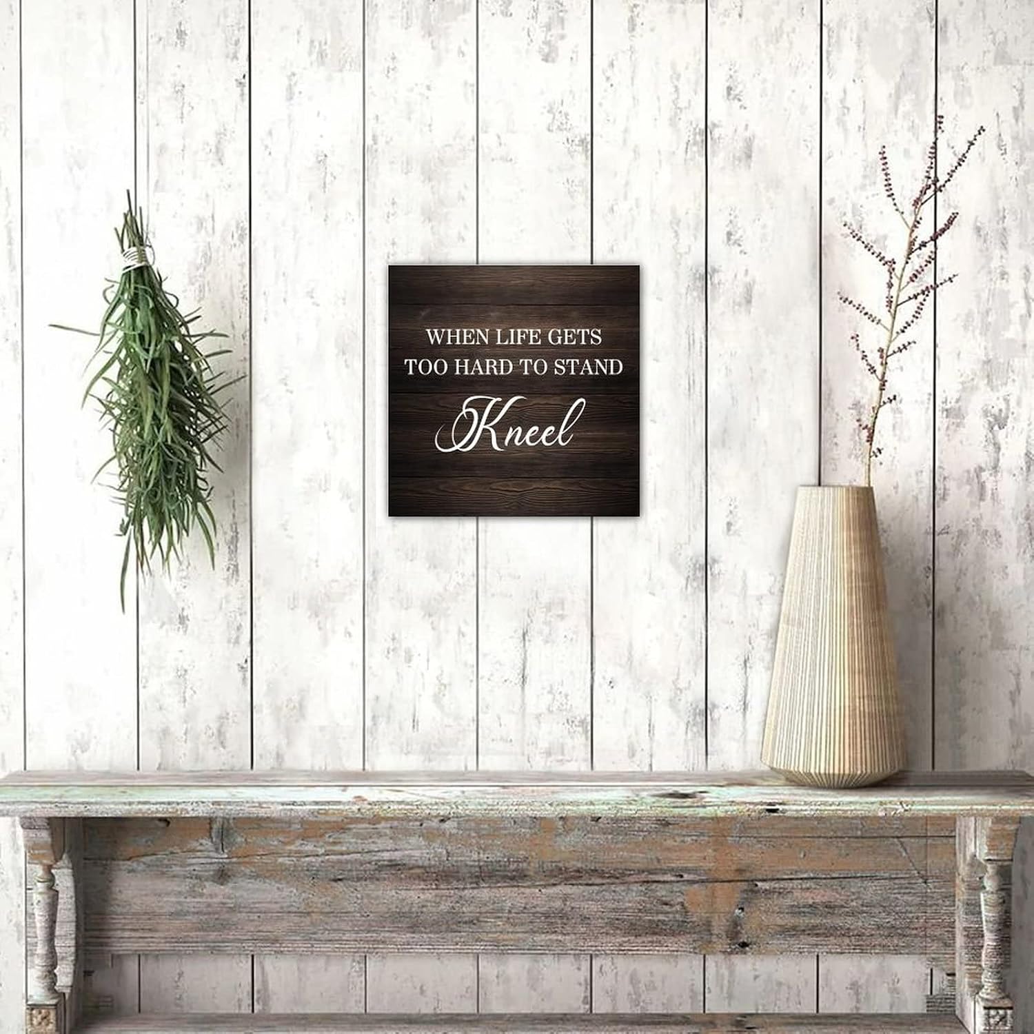Rustic Wooden Sign Plaque When Life Gets Too Hard to Stand Kneel Vintage Wood Door Hanger Sign with Quote Wooden Door Hanger Plaque Farmhouse Wall Decorations for Living Room Indoors Outdoors 12 Inch image 4