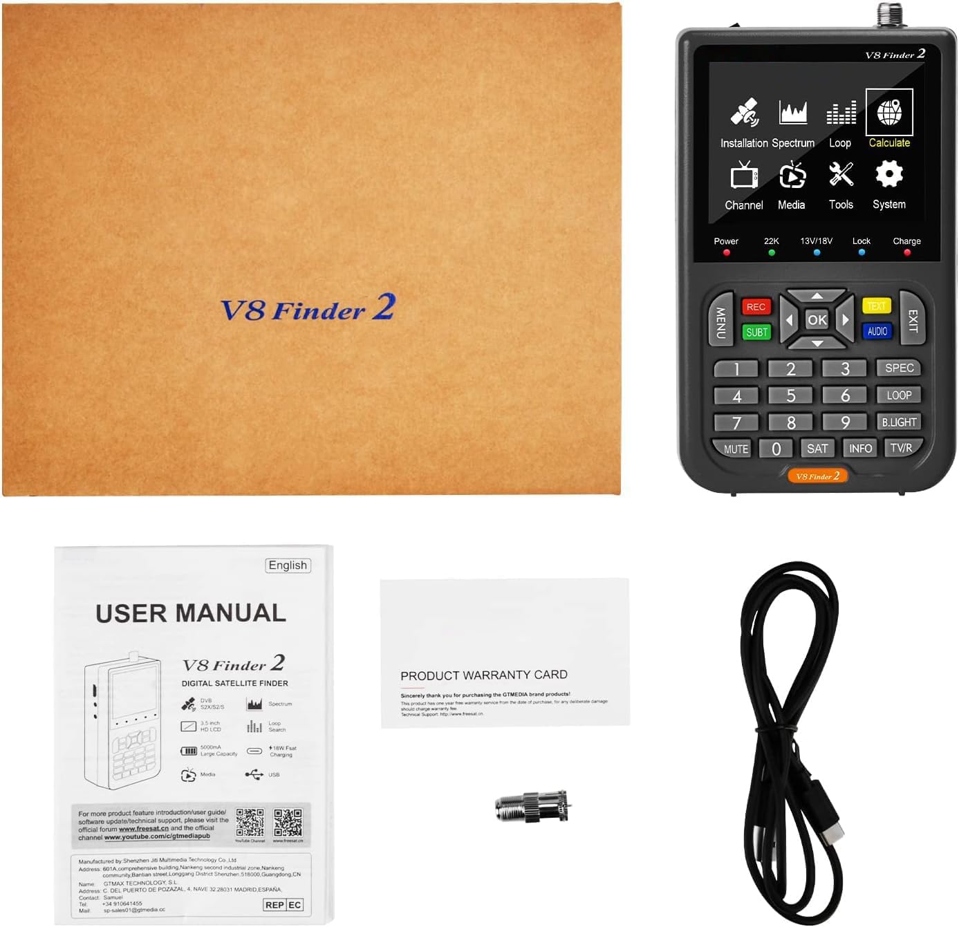 V8 Finder 2 TV Signal Finder Meter, DVB-S/S2/S2X Signal Receiver with 3.5 inch HD Digital Display, H.264 Auto Calculate Angle Built-in 4000mAh Battery for Adjusting Sat Dish