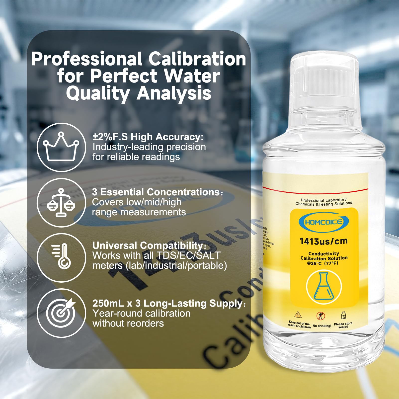 Kit Solutions d'Étalonnage TDS EC 250mL (1413 µS/cm, 12,88 mS/cm, 111,8 mS/cm), Solutions Tampon haute précision pour conductimètres et compteurs TDS, idéal pour laboratoires, industrie