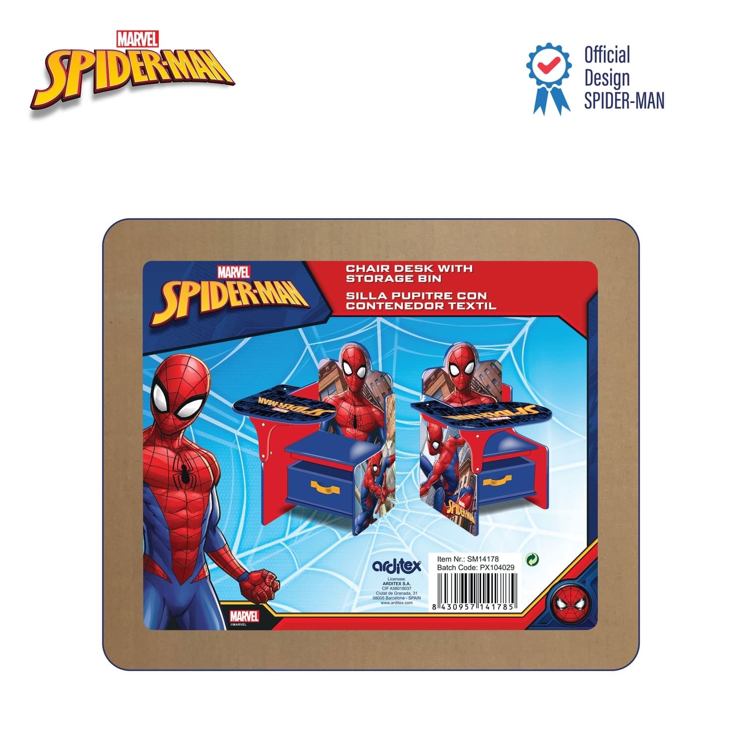 ARDITEX - Silla-Pupitre Infantil de Madera con contenedor Textil de Spiderman de Marvel - 62x30x60cm - Color Azul - Ideal para Manualidades, estudiar o Jugar.