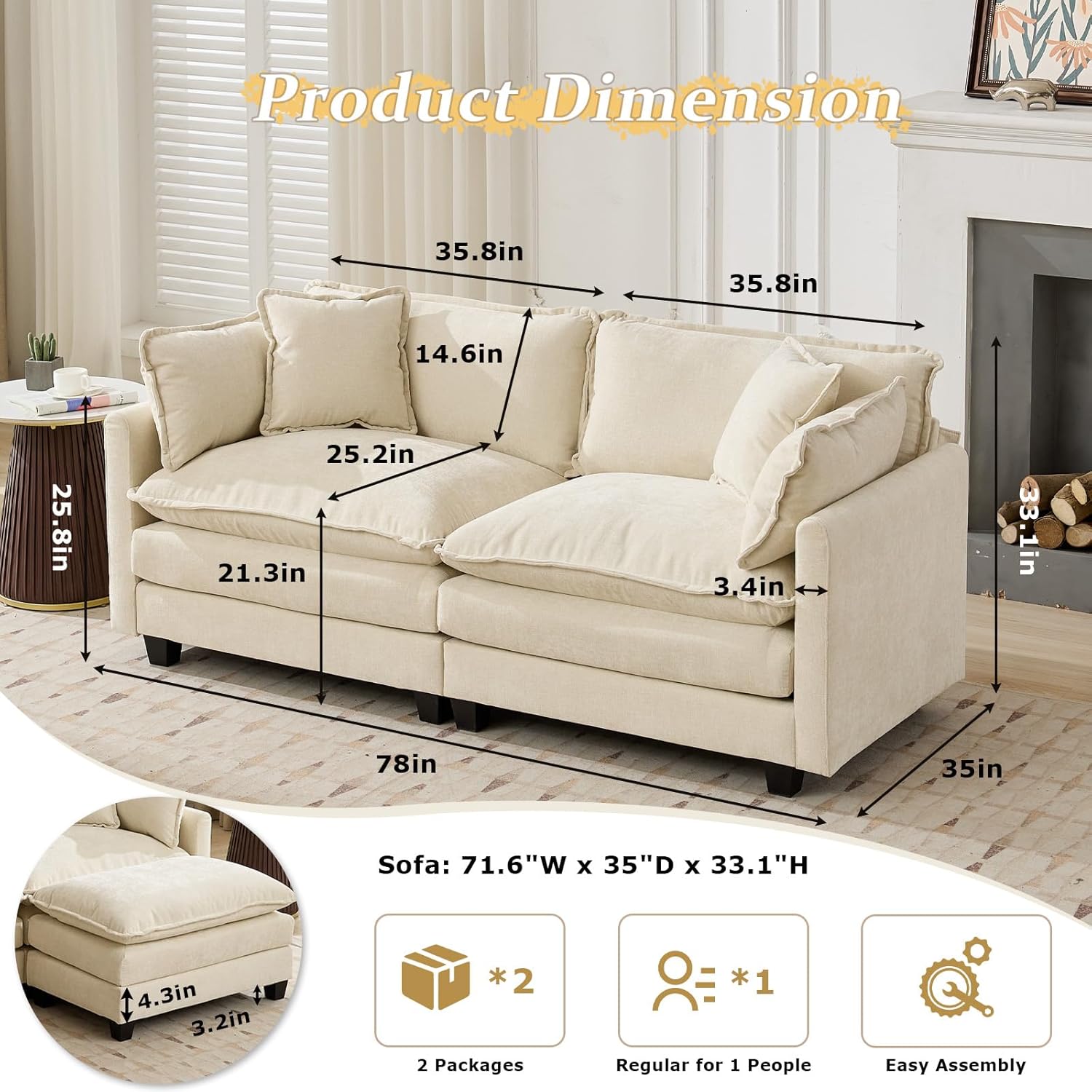 SoarFlash 71.6" Chenille Sectional Sofa, Comfy Modular Loveseat Sofa, Modern 2-Seat Couch Deep Seat Sofa Set for Living Room,Beige 2 Seat Beige