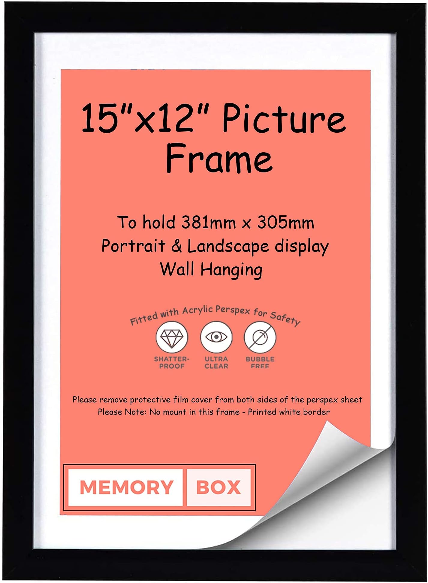 MDF 20mm Photo Frame, Picture Frame, Document frame, Certificate Frame - 15" x 12" (38.1 x 30.5cm) Black Colour - Wall Mountable
