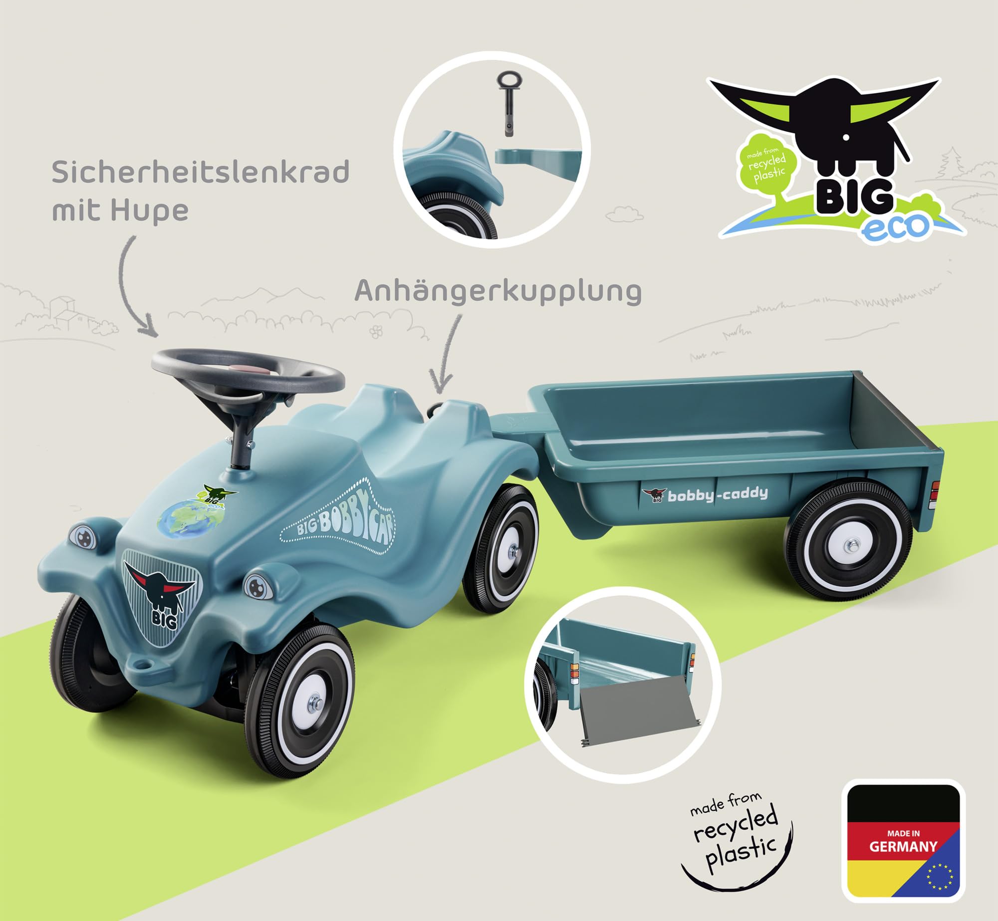 Big Bobby Car Classic Eco 2.0 mit Anhänger - Rutschauto ab 1 Jahr aus Recycling-Material mit Caddy, Lenkrad und Hupe, für Kinder ab 1 Jahr (bis 50 kg), Türkis mit Grau