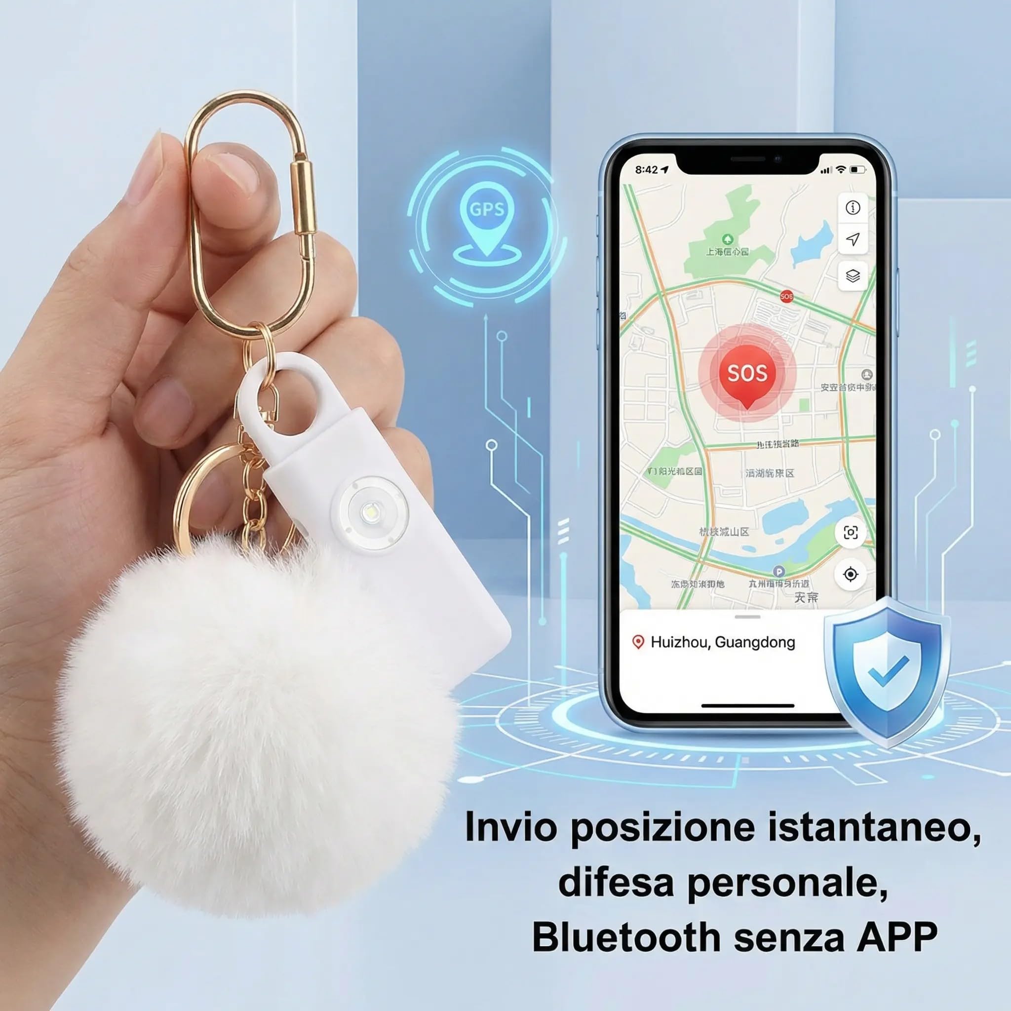 Portachiavi SOS Allarme Antipanico, Dispositivo Antiaggressione Chiamata Automatica, Invio Istantaneo Posizione GPS, Sirena 130dB, Difesa Personale e Autodifesa per Donne, Bambini e Anziani (Rosa)