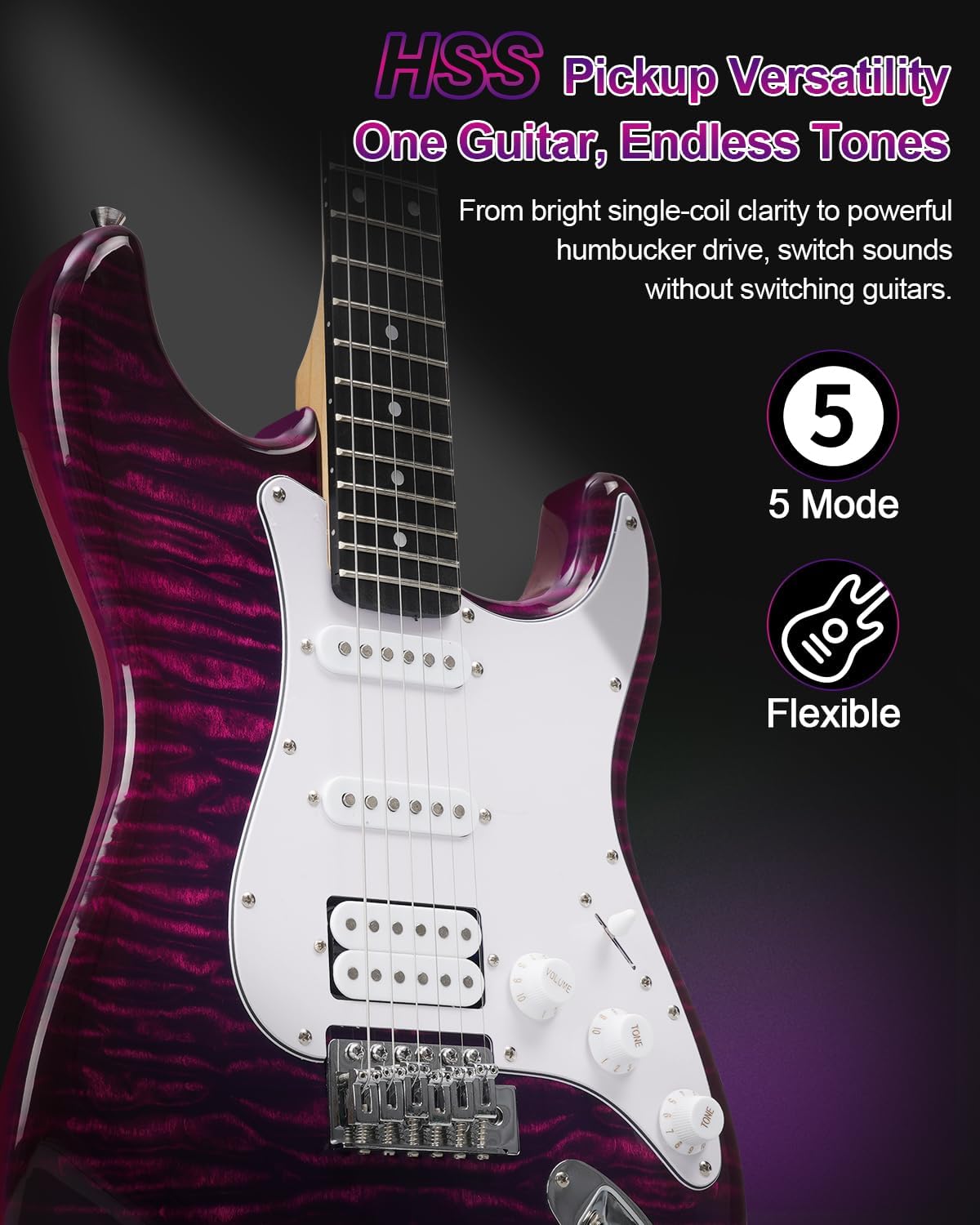 UST-200 Beginner Electric Guitar Kit HSS Pickup, Versatile 5-Way Switch for Clean to High-Gain Tone, Full-Size ST Style Guitar for Starter & Intermediate Players, Gig Bag, Digital Tuner Purple