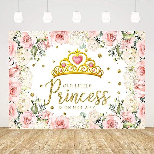 Miniatura 2 de Sendy Telón de fondo de princesa para baby shower de 7 x 5 pies para niña, con texto en inglés "Our Little Princess is on Her Way" para fotografía
