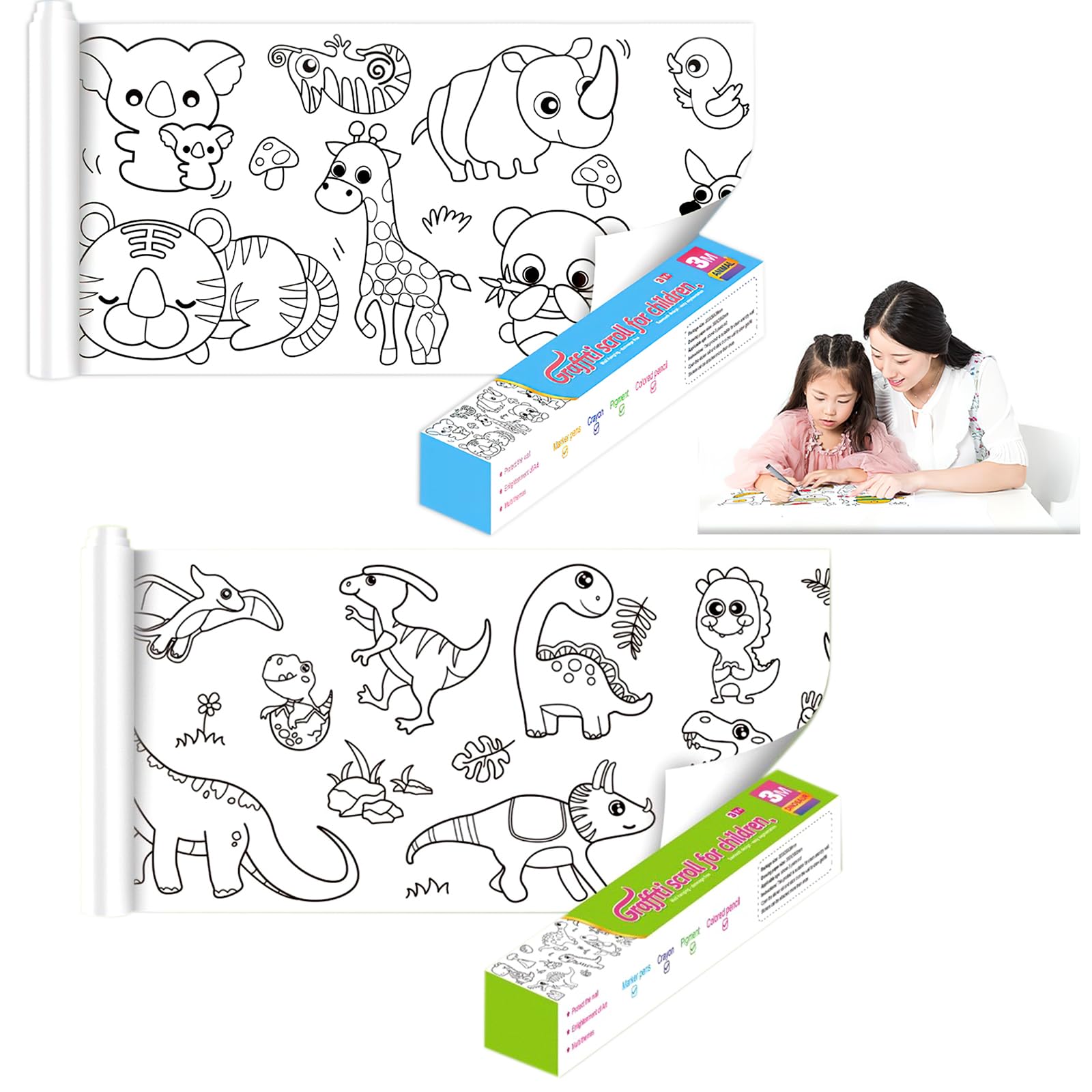 BRISKORE 2 rollos de pintura cortables para niños, 30 x 300 cm, papel de pintura autoadhesivo, rollo para colorear, mantel para colorear, mantel de pintura para niños, rollo de dibujo, juguete