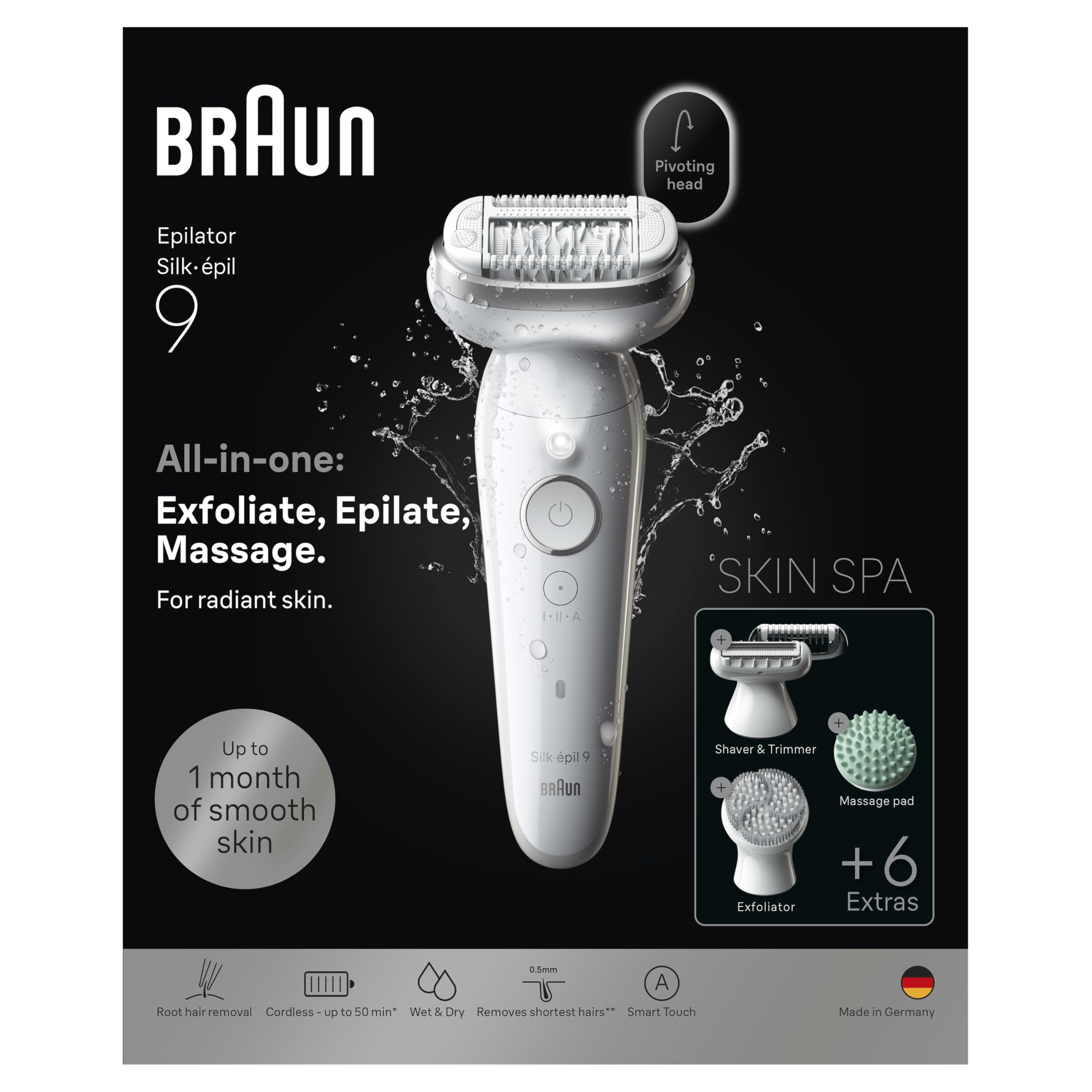 Braun Silk·épil 9 SkinSpa Women's Epilator All-in-One Set with Swivel Head for Wet & Dry Hair Removal - Includes Exfoliating Brush, Massage Pad, Shaving Attachment and Trimmer Attachment - 9-080-image-39