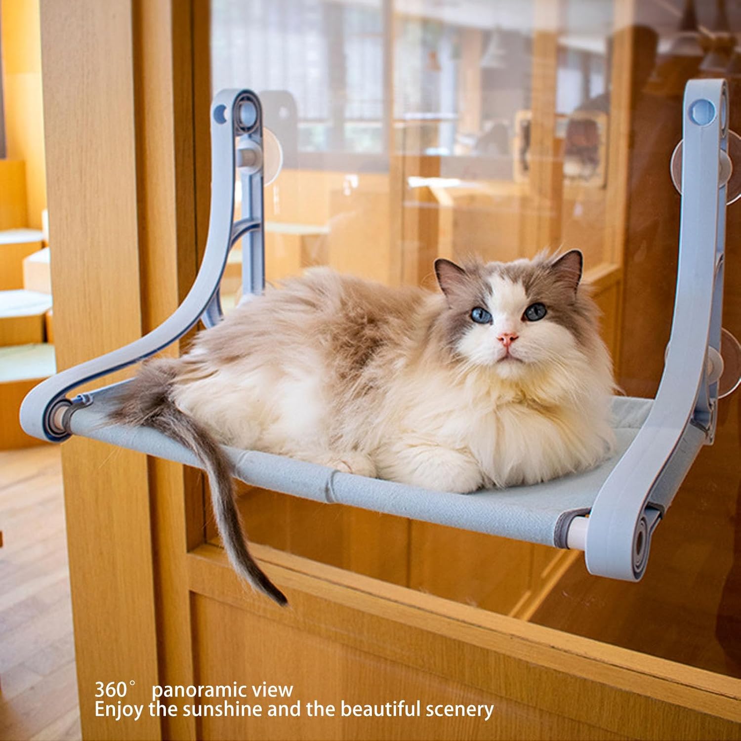 Cordless Cat Window Perch Stable Triangle Structure Blue Window Hammock with 4 Strong Suction Cups Reversible Cover Foldable Cat Beds for Indoor Cats (Blue)