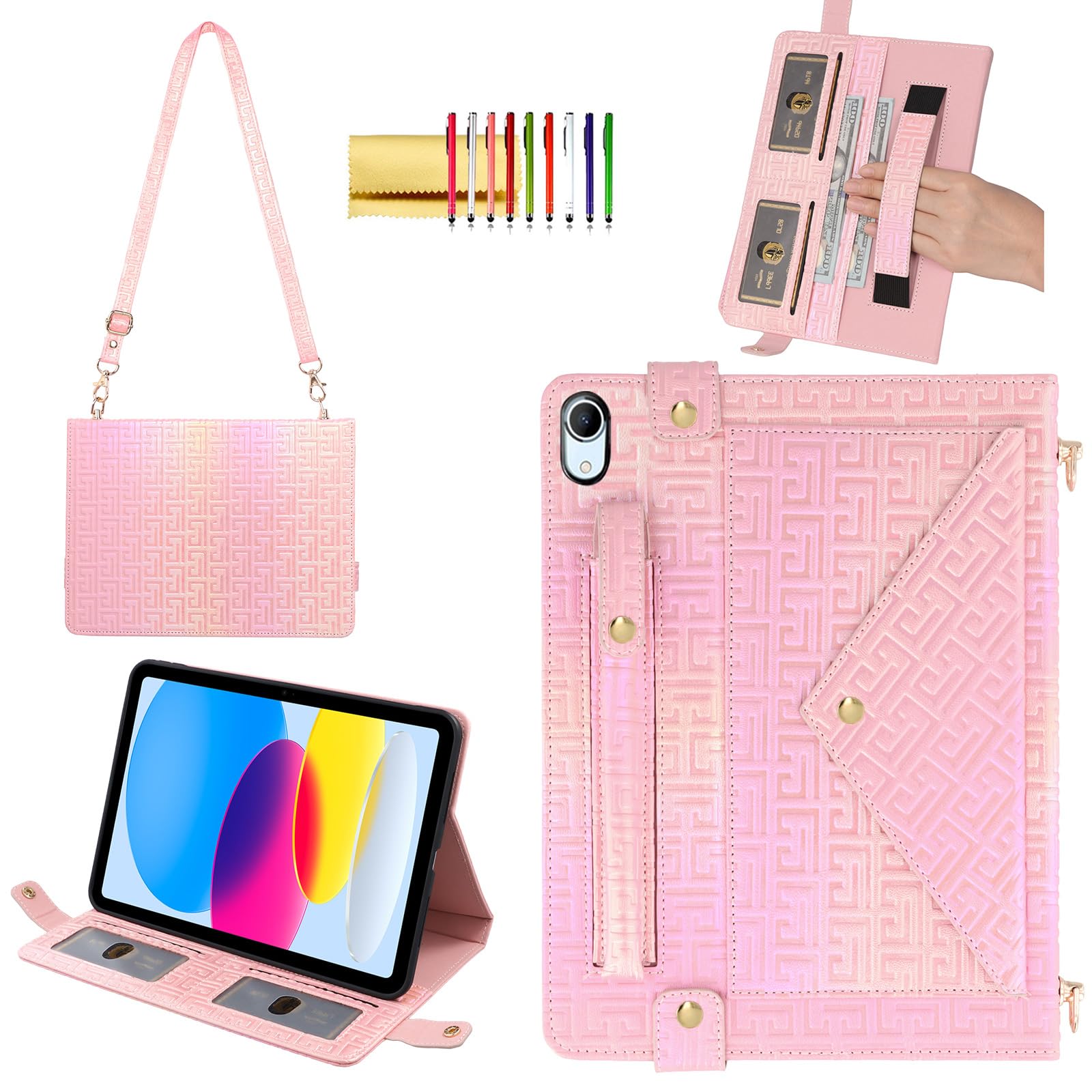 Shiny Case for iPad (A16) 2025 11"/iPad 10th Generation Handbag with Hand Strap, Techcircle Crossbody Iridescent Folio Stand Wallet Case with Pencil