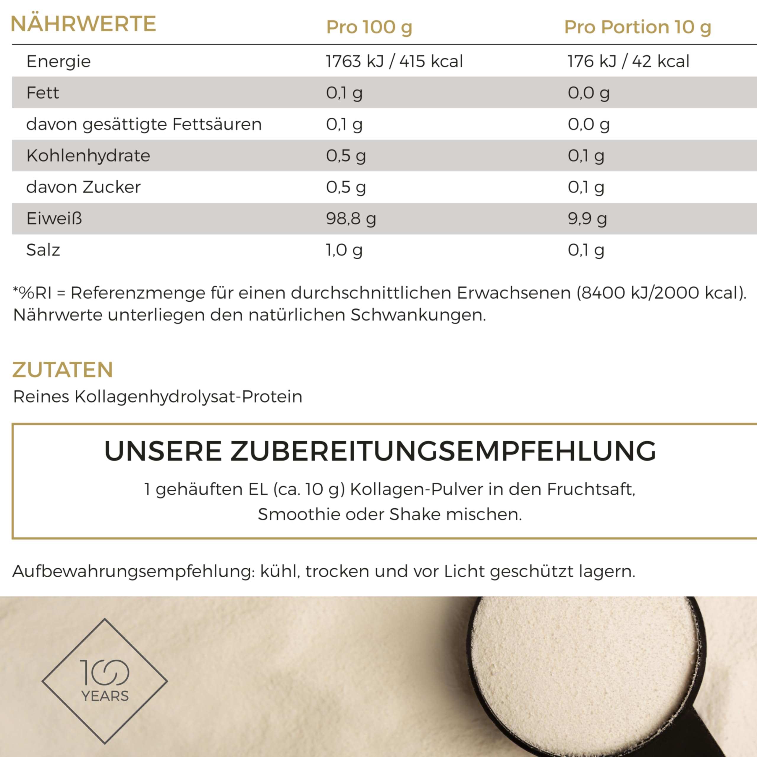 Barattolo da 2 kg di collagene in polvere ad alto dosaggio 100years – Collagene in polvere puro al 100%, senza aromi né additivi – Peptidi di collagene di tipo 1, 2 e 3 – Confezionato in Germania