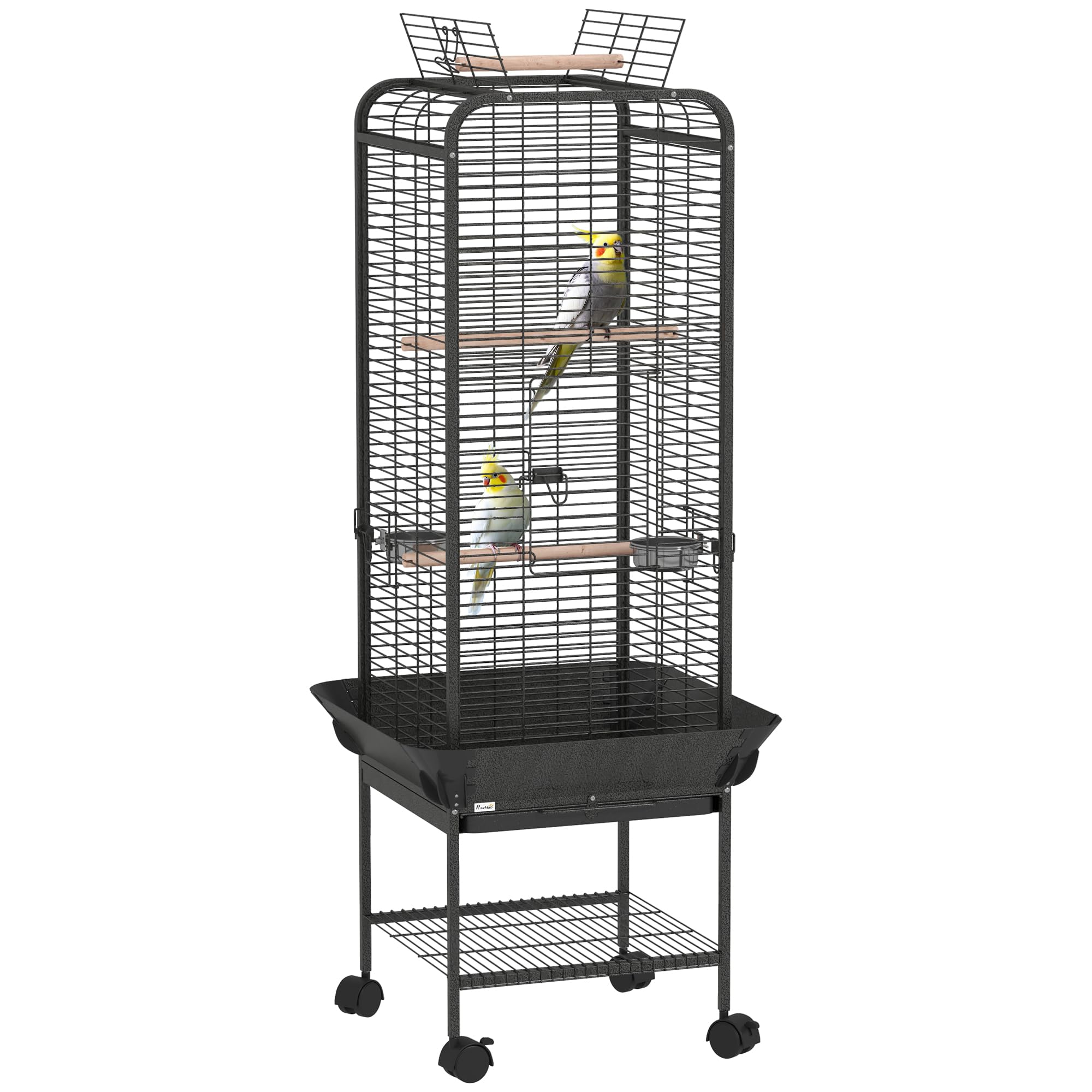 PawHut Jaula para Pájaros Jaula para Loros con Ruedas Perchas Comederos Estante y Bandeja Extraíble Pajarera para Cacatúas Cotorras 62,5x62,5x146 cm Gris Oscuro