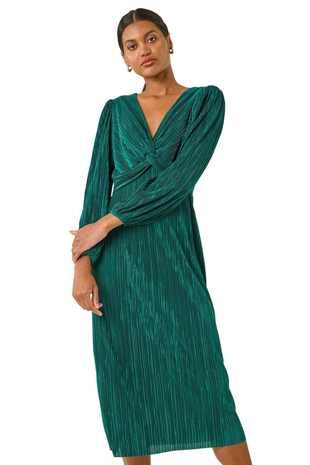 Roman Originals Women's Green Plisse Twist Front Midi Dress For Uk - Everyday Autumn Winter V-Neckline Comfy Soft Evening Vacation Work Party Night Out - Size 12