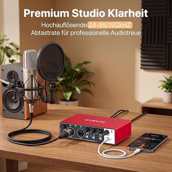 Audio Interface 2×2 USB C Audio Interface with 48V Phantom Power 24 bit/192 kHz for Studio & Podcast XLR/TS Double Input for Guitar/Microphone Plug & Play for PC/Mac/iPad (Red)