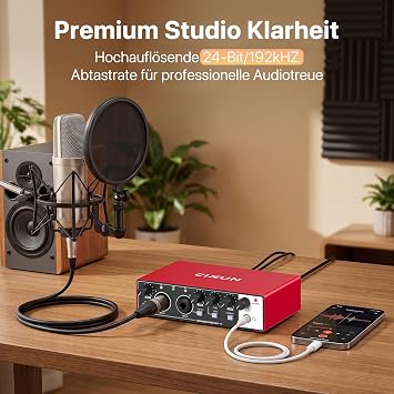 Audio Interface 2×2 USB C Audio Interface with 48V Phantom Power 24 bit/192 kHz for Studio & Podcast XLR/TS Double Input for Guitar/Microphone Plug & Play for PC/Mac/iPad (Red)