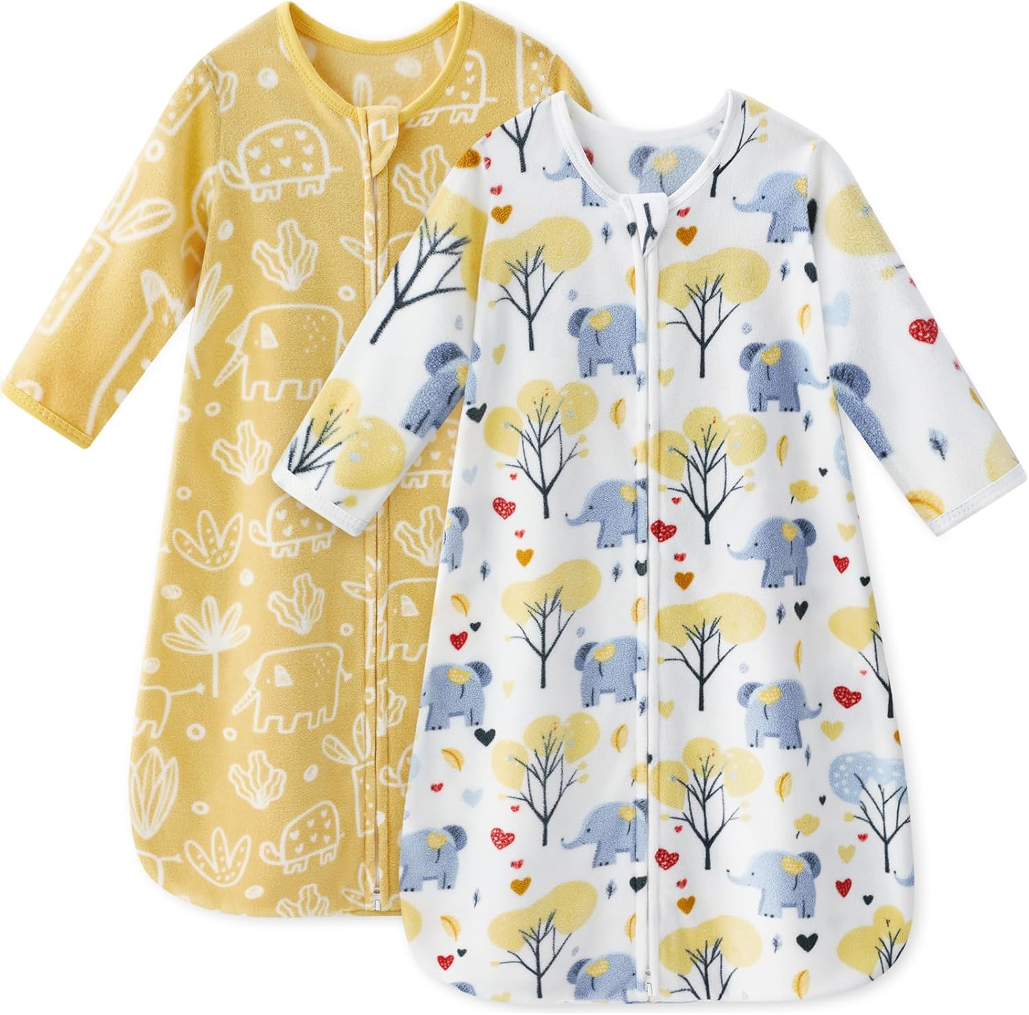 Fleece Baby Sleep Sack 12-18 Months Long Sleeve 1.0 Tog Baby Wearable Blanket Microfleece Sleeping Sack with 2-Way Zipper for Toddler Infant Yellow & White Elephant