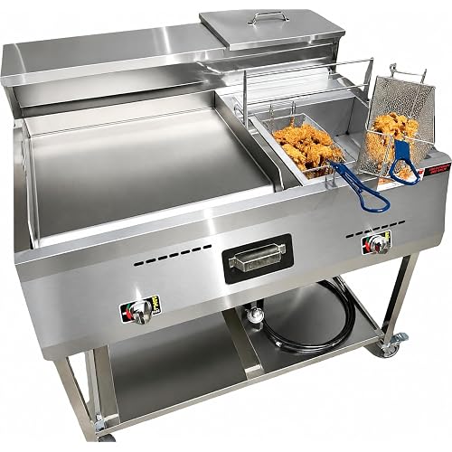 Deep Fryer and Flat Top Griddle Cart | 20" Stainless Steel Griddle | 3 Gallon Single Tank Deep Fryer | Outdoor Propane | Portable 4 Wheels | Thermometer + Cover Included | Commercial & Home