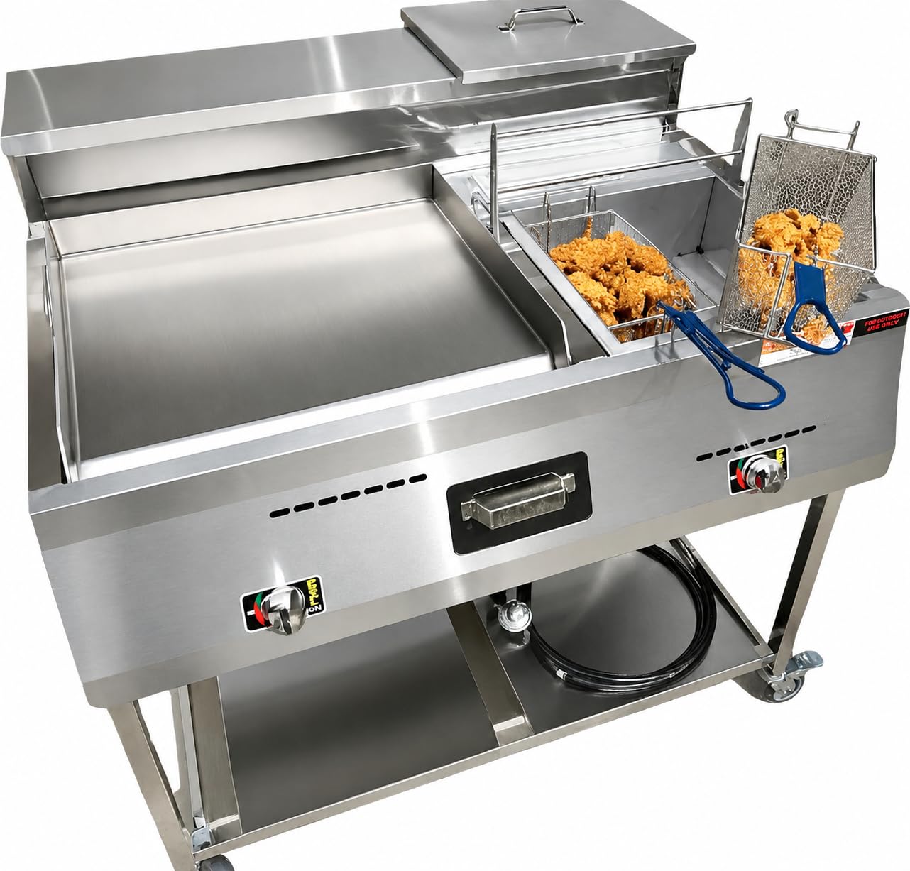 Deep Fryer and Flat Top Griddle Cart | 20" Stainless Steel Griddle | 3 Gallon Single Tank Deep Fryer | Outdoor Propane | Portable 4 Wheels |