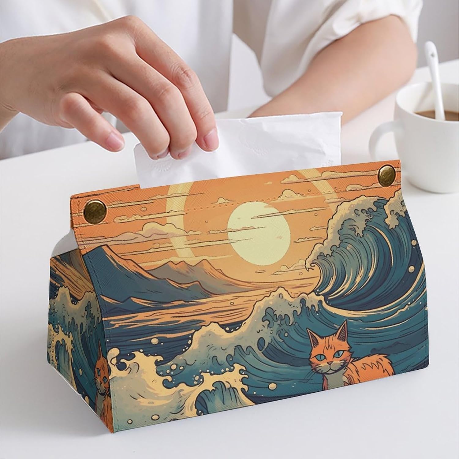Modern PU Leather Square Holder Tissue Box Cover Anime Style Cat Decorative Organizer for Tabletop, Bathroom, Car, Office image 5