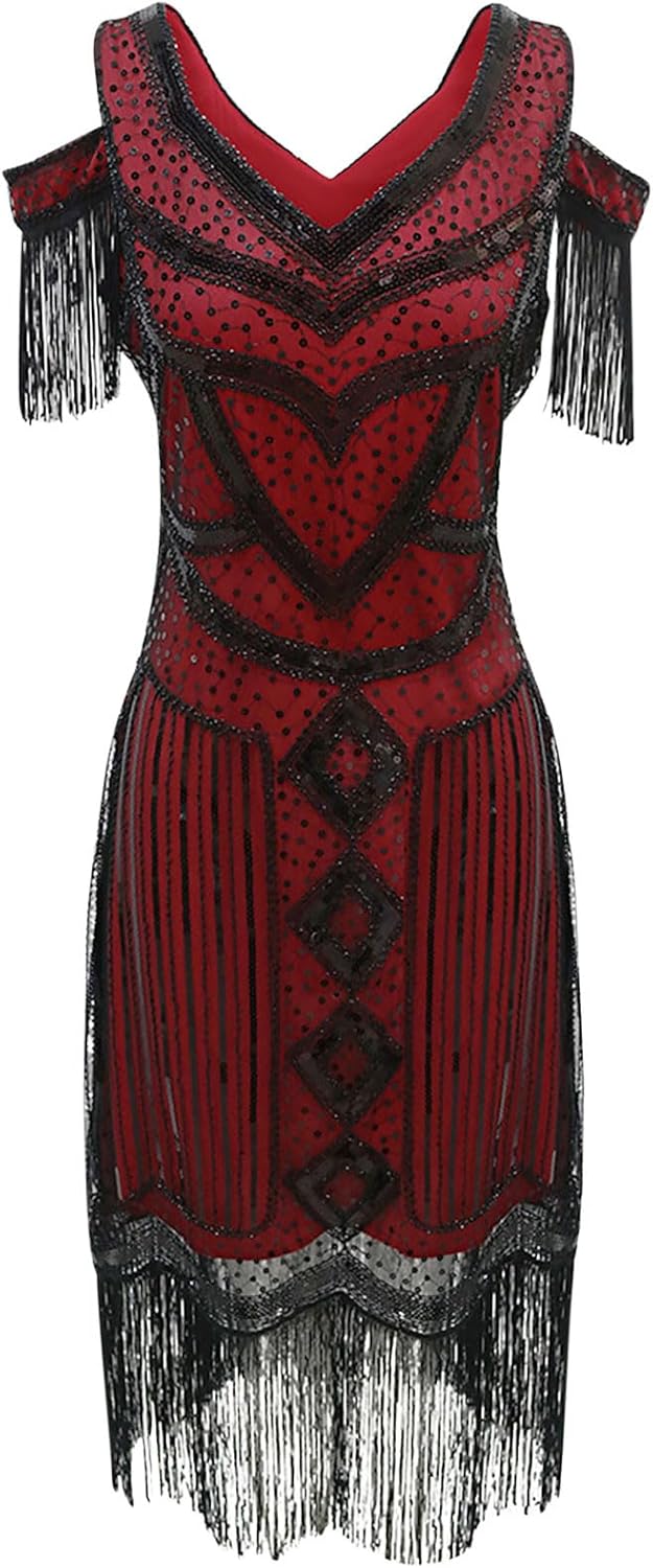 Women's 1920s Vintage Flapper Dresses Fringed Cold Shoulder Sequin Art Deco Dress Elegant Evening Cocktail Party Gowns