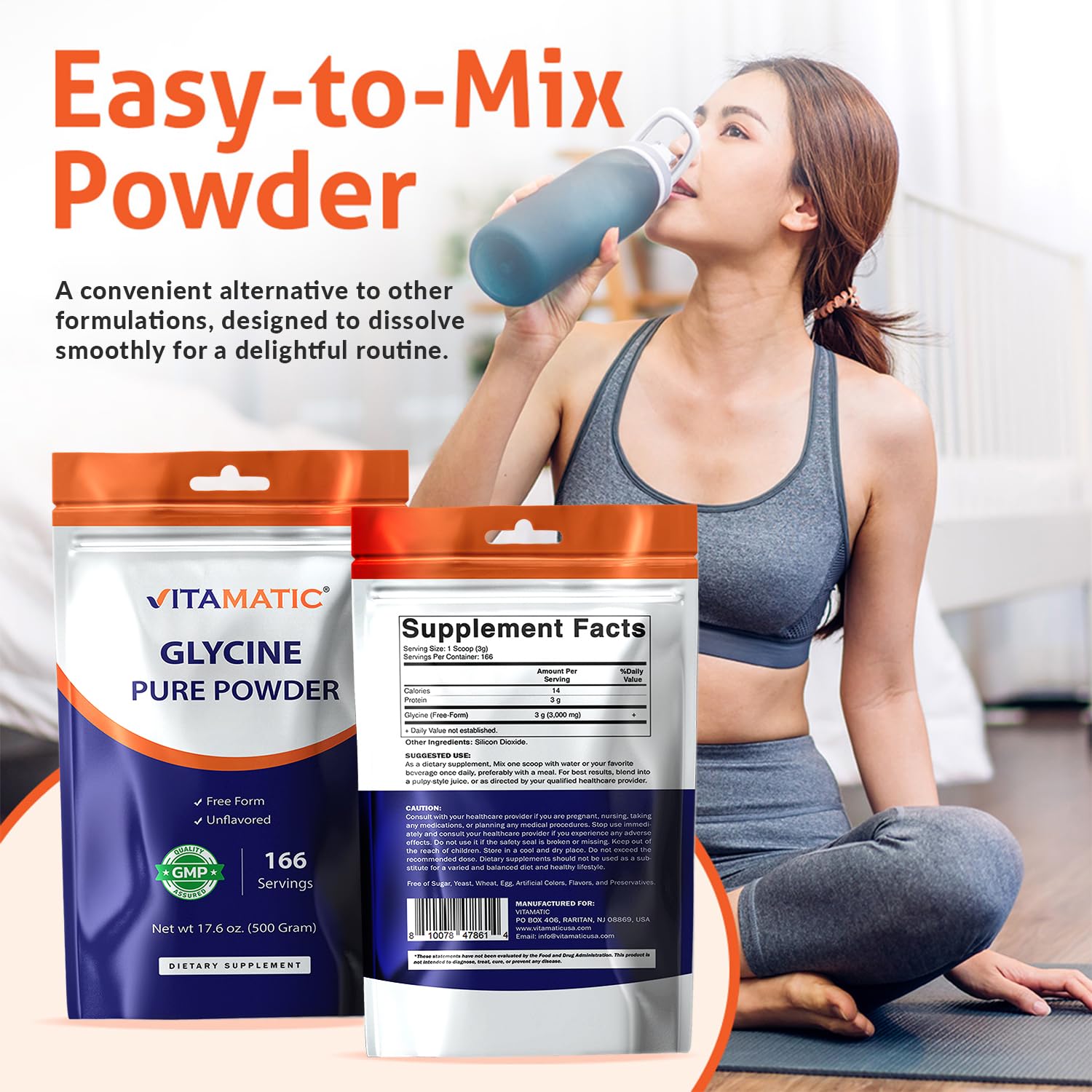 Vitamatic Glycine Powder – 3,000 mg Per Serving, Free-Form Amino Acid Supplement, Unflavored, 17.6 oz (500 g), Non-GMO, Gluten Free. — Amazon image 3
