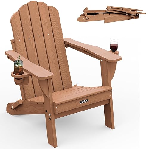Folding Adirondack Chair,All-Weather HDPE Fire Pit Chair with 2 Cup
