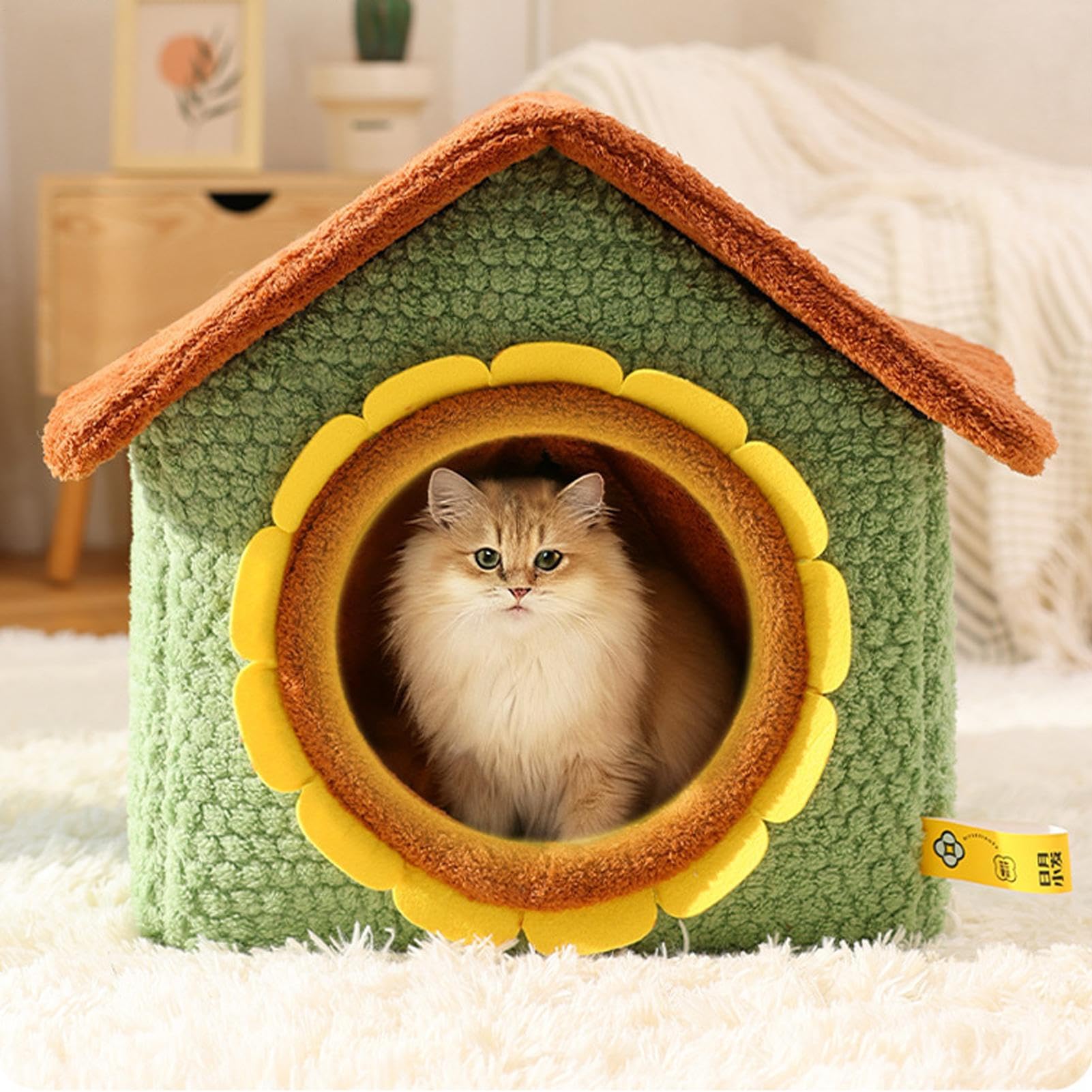 Casa Para Gatos Casa Cálida Cerrada Plegable | Cama Cueva Extraíble De Gatos Con Puerta De Girasol Para Cachorros, , Mascotas Pequeñas, Jugar En Interiores, Hogar,