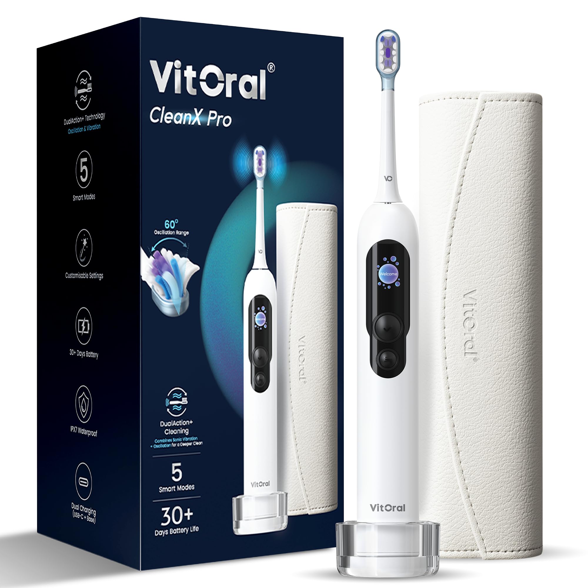 CleanX Pro, spazzolino elettrico DualAction, oscillante e tecnologia sonica, 6 modalità intelligenti, durata della batteria di oltre 30 giorni, impermeabile IPX7, ricarica rapida USB-C, per
