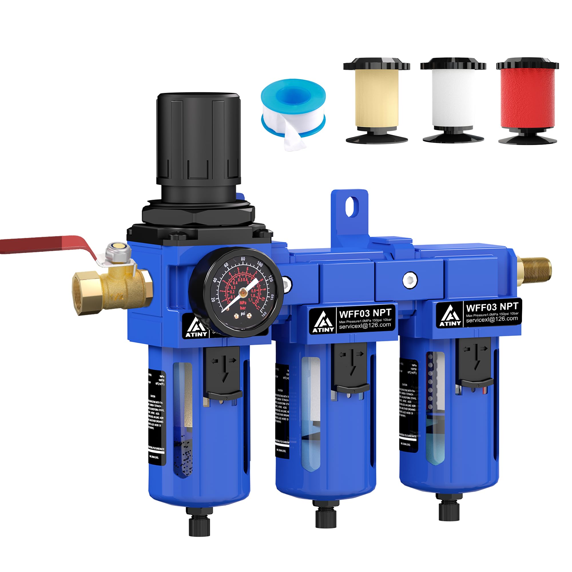 ATINY Three Stage Air Drying System, 3/8" NPT Air Compressor Filter Dryer, Air Dryer for Compressor,Semi-Auto Drain,5 &0.5 &0.01 Micron Filter