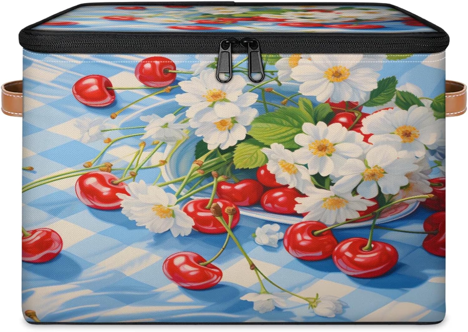 Storage Bin Set of 2 Cherry Daisy Plaid Storage Basket with Zipper Lid & Handle Foldable Closet Shelf 2 Pack Cloth Organizer Basket Cube Bins Clothes Organizer for Nursery, Bedroom