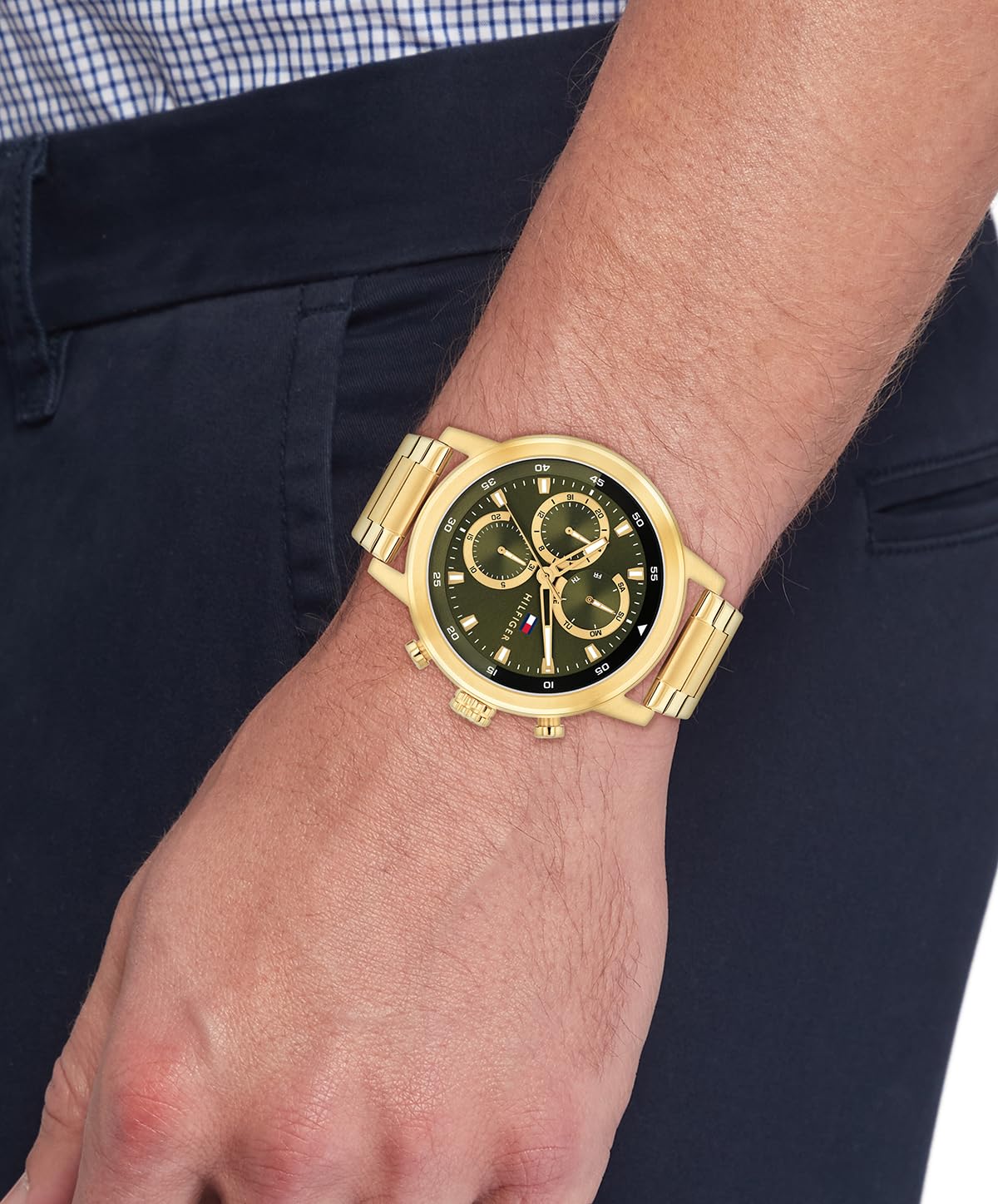 Tommy Hilfiger Analogowy wielofunkcyjny zegarek kwarcowy dla mężczyzn z bransoletką ze stali nierdzewnej lub silikonowym paskiem