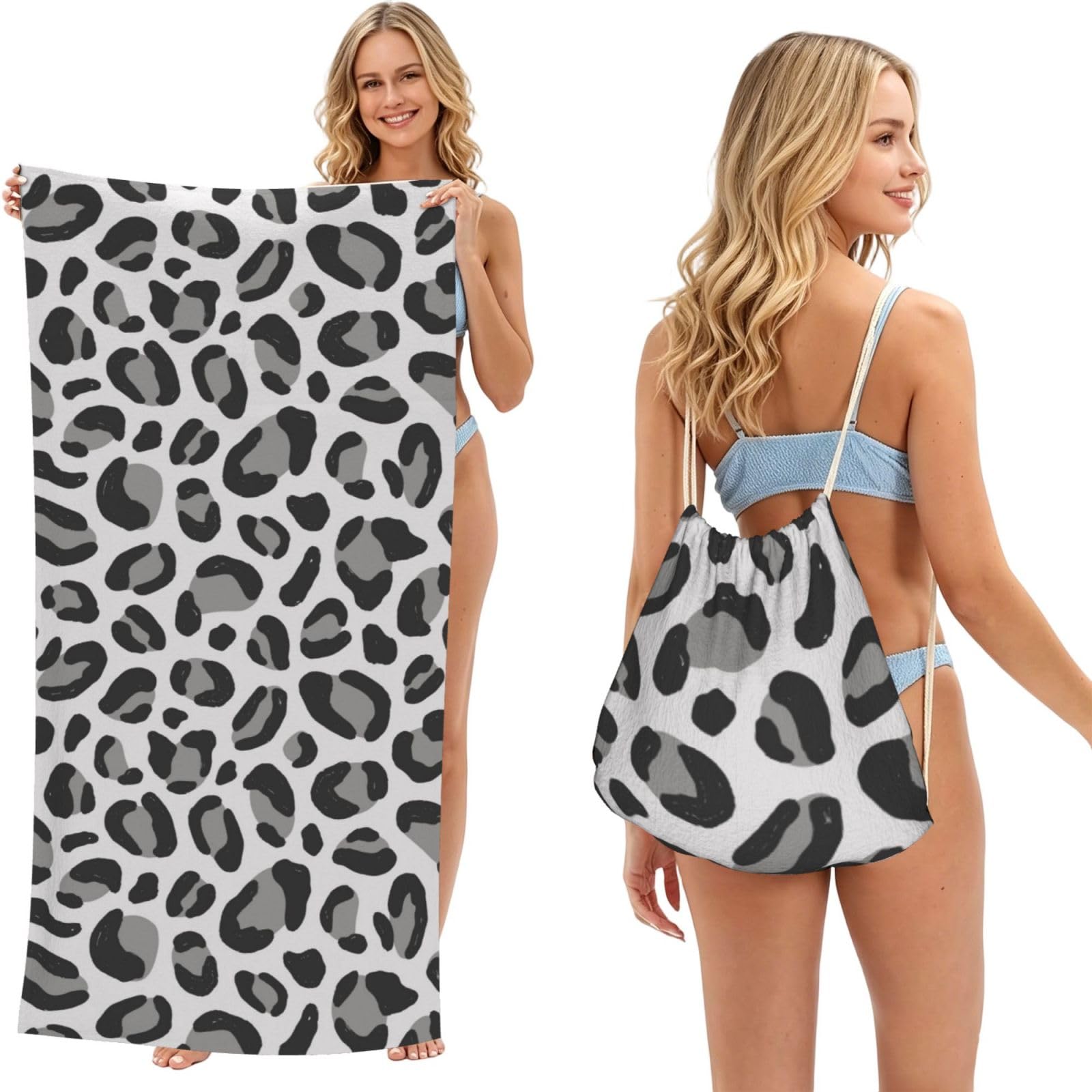 Poadnly As Picture Snow Leopard Print, 2 In 1 Packable Towel Bag, Beach Towels With Drawstring Backpack For Travel Holiday Camping