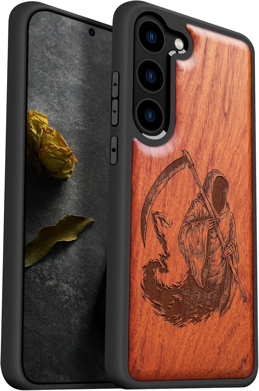 Carveit Wood Case for Galaxy S23 Case [Natural Wood & Black Soft TPU] Shockproof Protective Cover Unique Wooden Design Compatible with Samsung S23 (The Grim Reaper of Carved-Rosy)