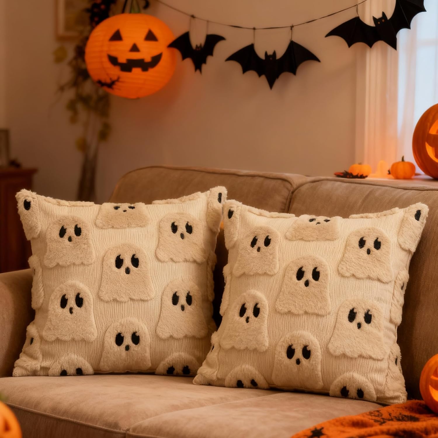 Werncy Halloween Pillow Covers 18x18 inches Set of 2 White Ghost Evil Pumpkin Head Pillow Cover Soft Plush