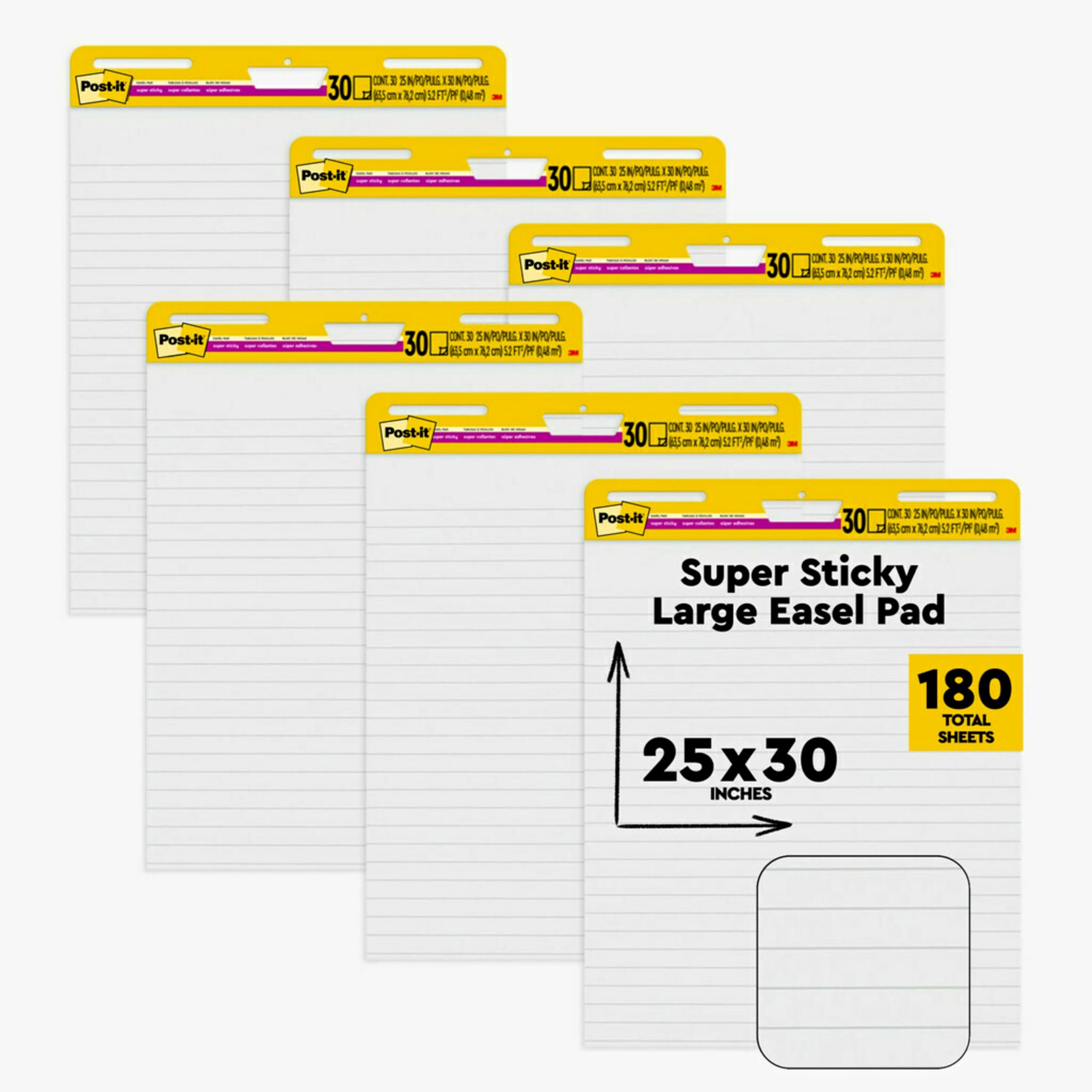 Post-it Super Sticky Easel Pad, 25 x 30 Inches, 30 Sheets/Pad, 6 Pads (561WL VAD 6PK), Large White Lined Premium Self Stick Flip Chart Paper