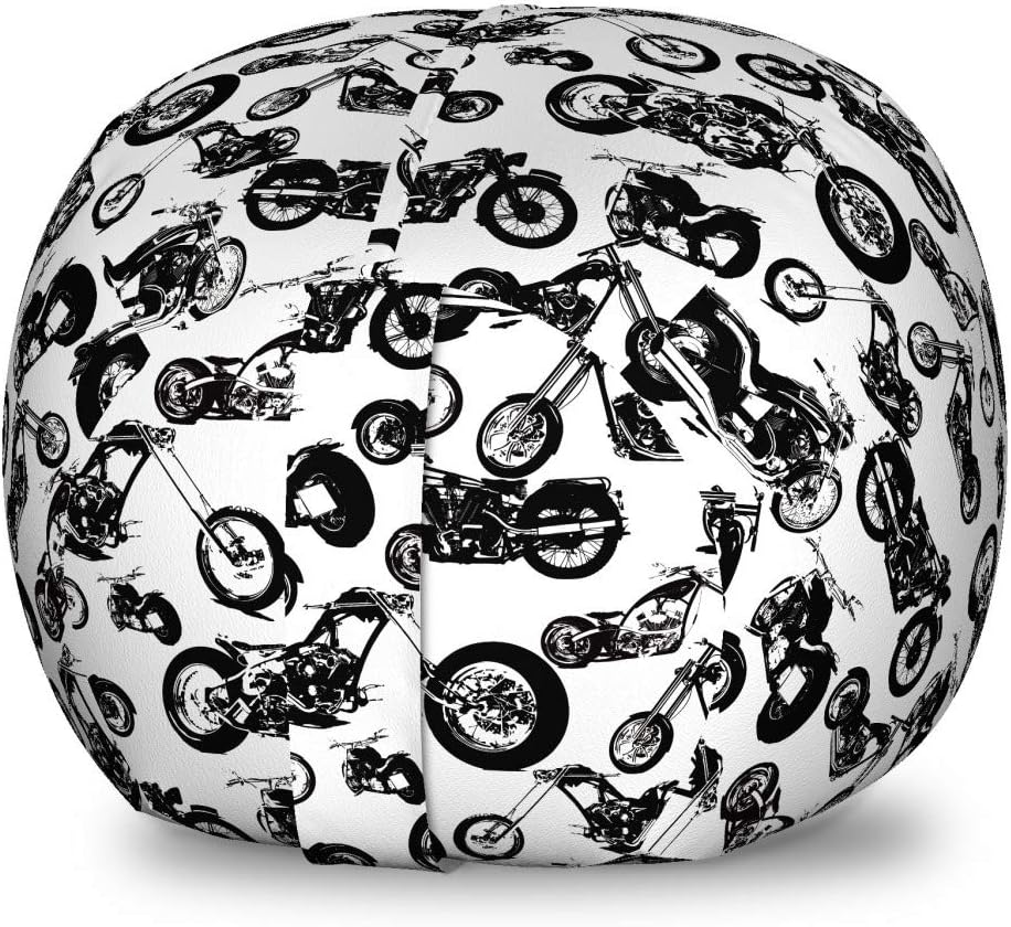 Ambesonne Manly Storage Toy Bag Chair, Different Models of Motorbikes Race Adventure Amusement Extreme Sport Theme, Stuffed Animal Organizer Washable Bag, Small Size, Black White