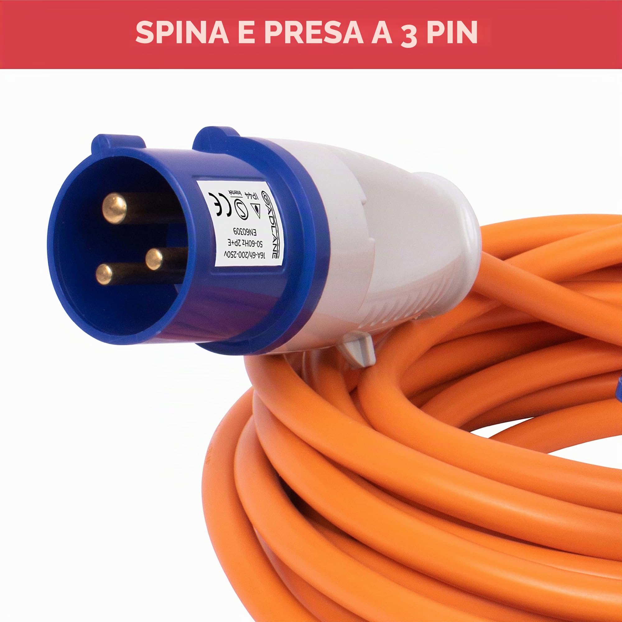 GADLANE Cavo di prolunga CEE 25m Robusto per Roulotte, 16 Ampere, 240 V, cavo da campeggio, ben visibile, colore arancione, ideale per camper (25 metri)