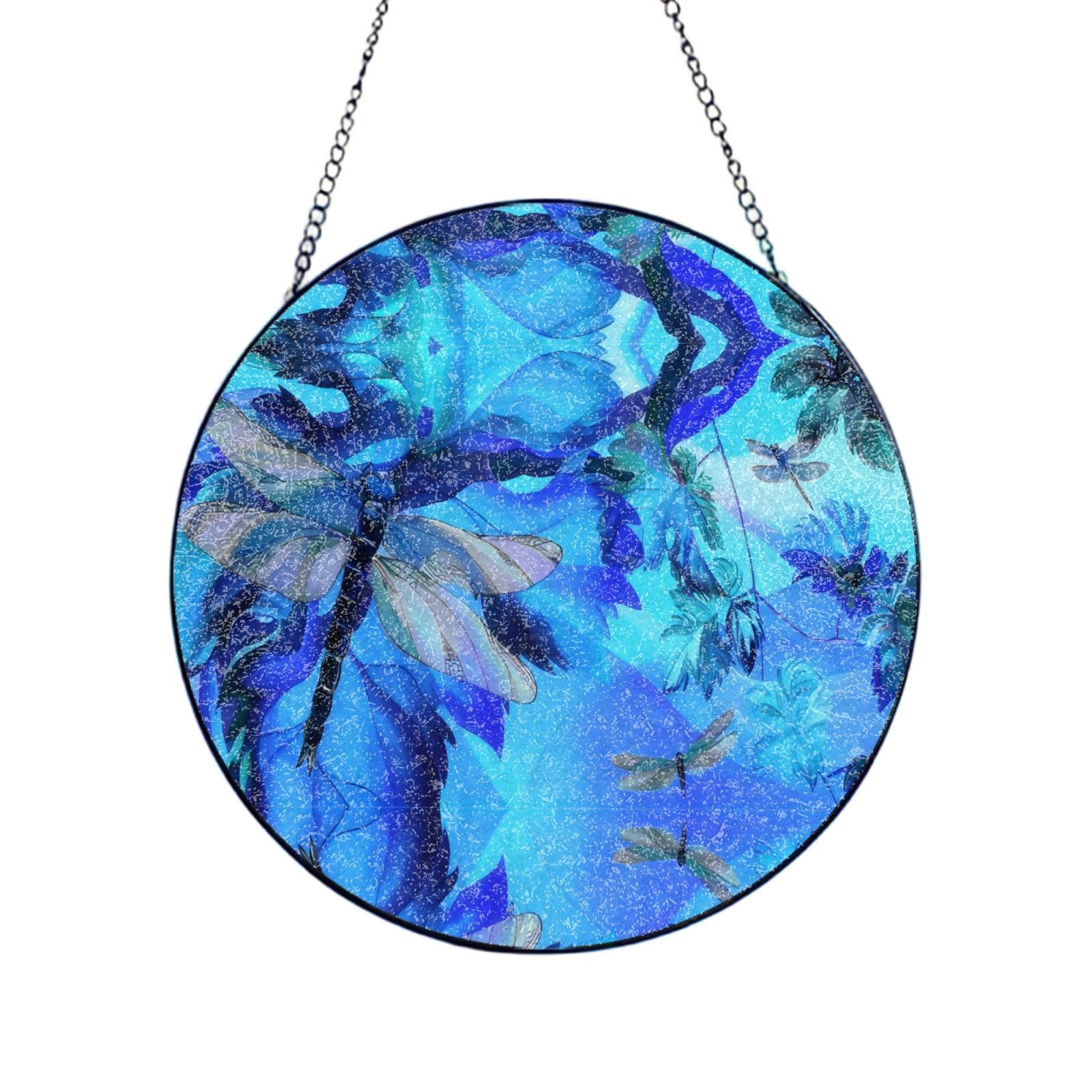 Phayah Art Blue Dragonfly Print Glass Window Hanging Sun Catchers Suncatcher Decor For Birthday For Home Garden Porch 12in（30cm）