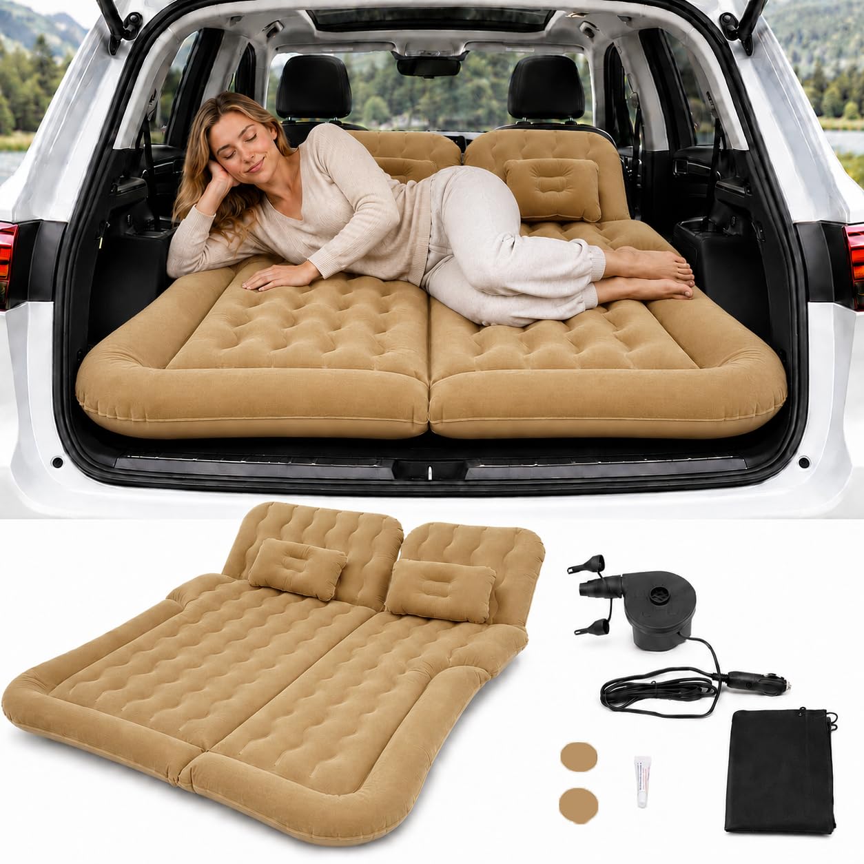 Matelas gonflable pour siège arrière de voiture, amovible, portable, matelas gonflable multifonction avec 2 coussins et pompe à air électrique (beige) pour camping, voyage, extérieur, SUV