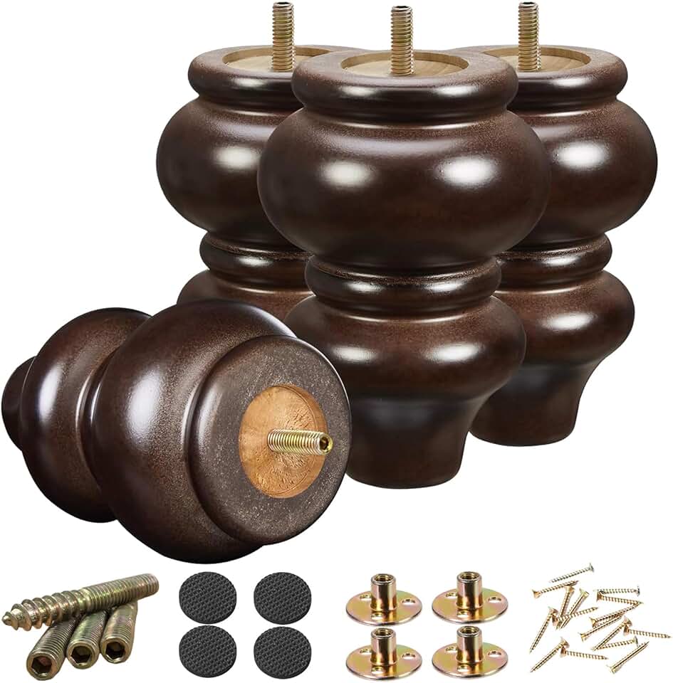 SHANJUE 5 Inch Wood Furniture Legs Set of 4, Solid Eucalyptus Round Couch Legs in Espresso, 1102 Lbs Capacity Mid Century Sofa Replacement Parts with 5/16 &amp; M8 Bolts for Dresser, Cabinet, Bed