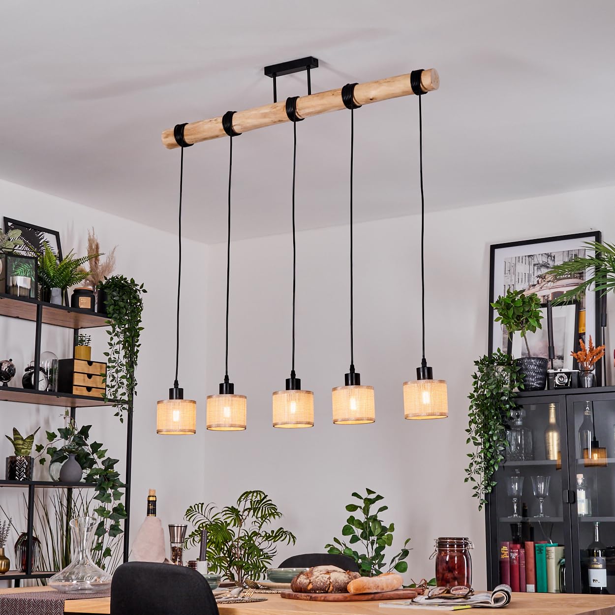 HOFSTEIN Lampa wisząca Sabadim, 5-punktowa lampa wisząca z metalu/drewna/plecionki papierowej w kolorze czarnym/naturalnym/brązowym, lampa wisząca w stylu boho (Ø abażurów 12 cm), wysokość 235 cm, E27